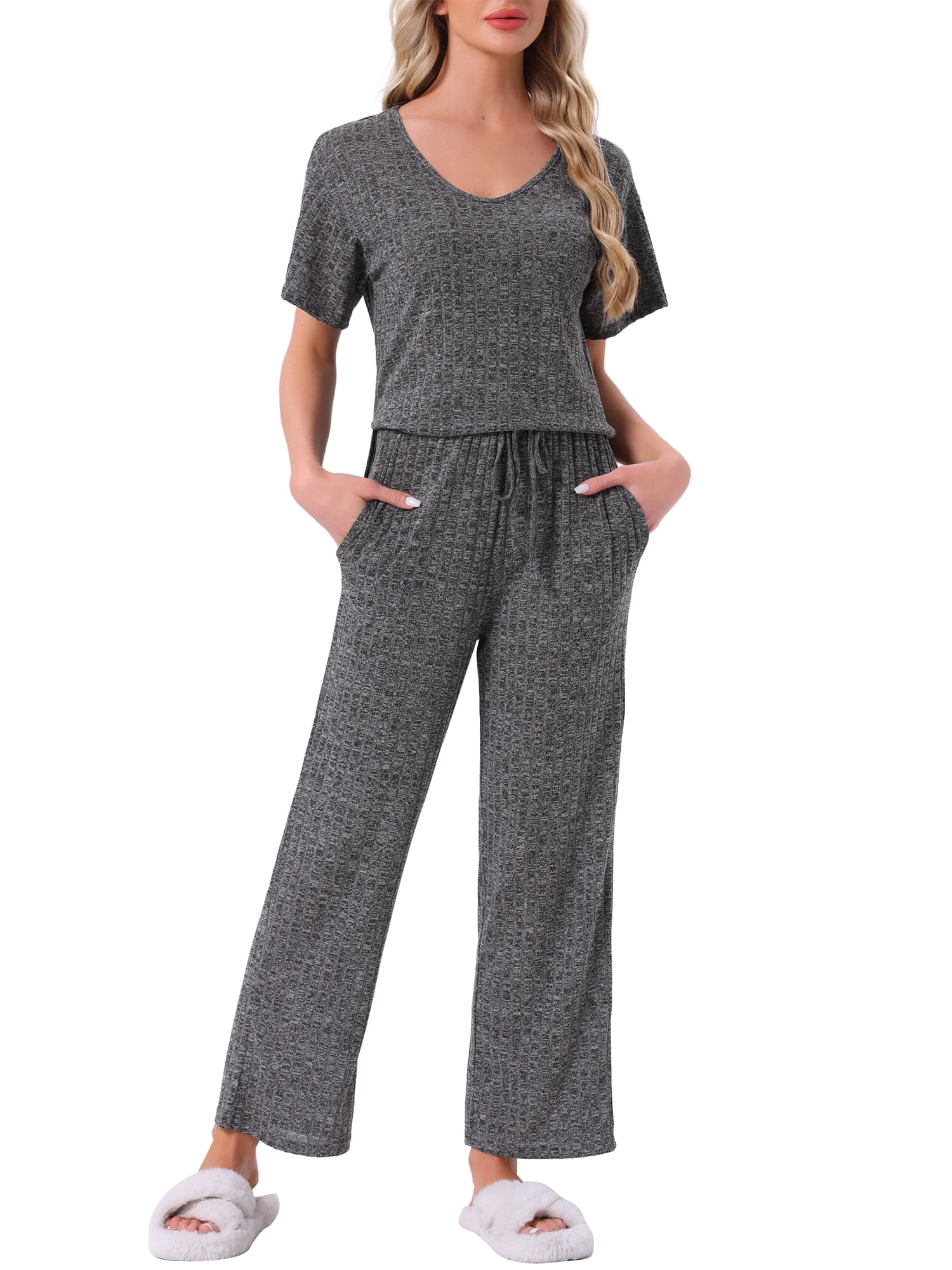 DARING DIVA Pajama Set Ribbed Knit Top Drawstring Pants 2 Pieces Outfit XL Dark Grey
