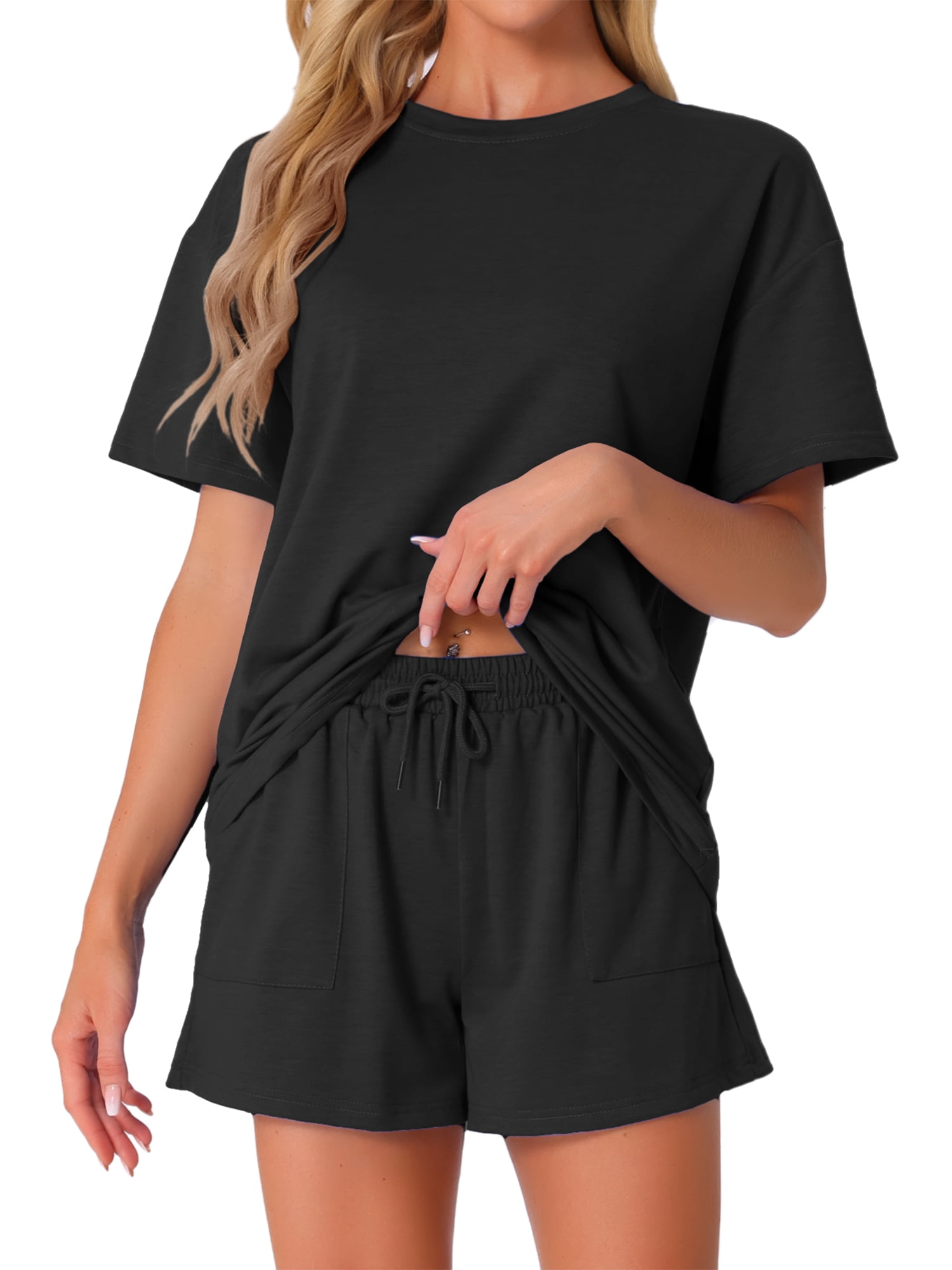 DARING DIVA Pajama Short Sleeve Lounge Set Elastic Shorts Sleepwear XS Black
