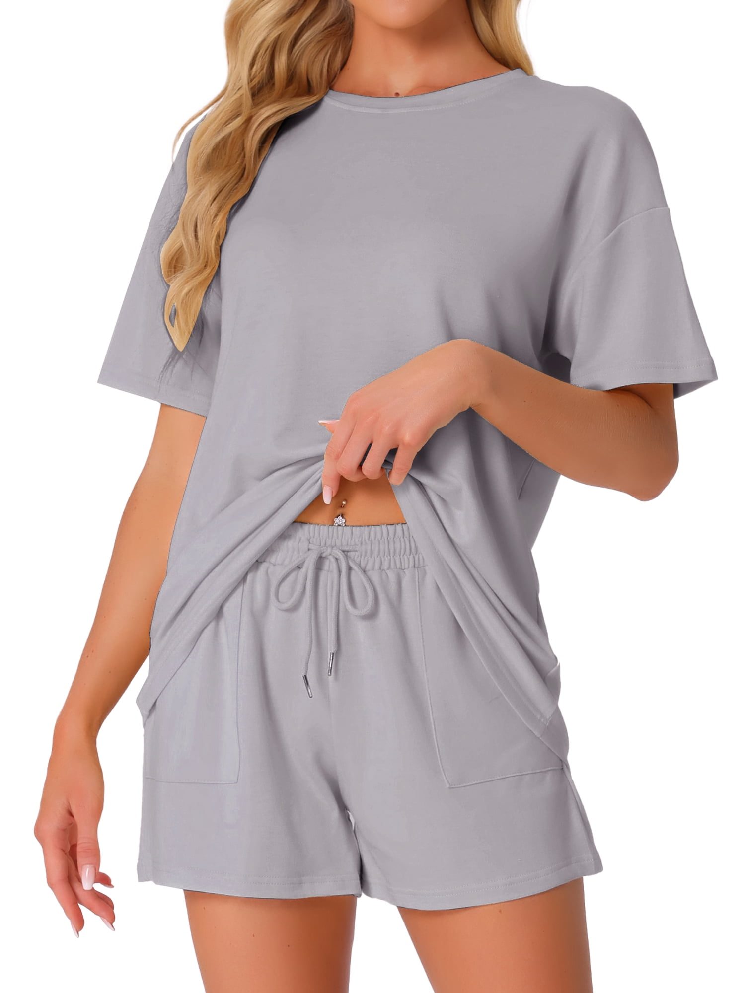 DARING DIVA Pajama Short Sleeve Lounge Set Elastic Shorts Sleepwear XS Light Gray