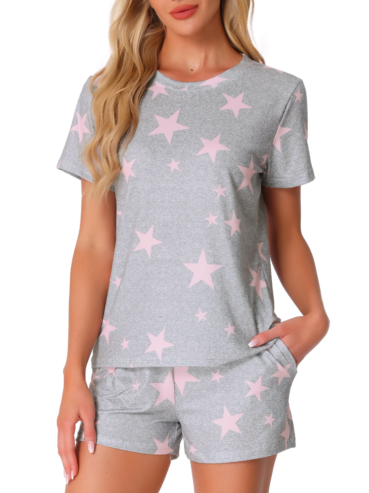 DARING DIVA Pajama Short Sleeve Top Shorts Loungewear Sleepwear Set XS Light Gray Star