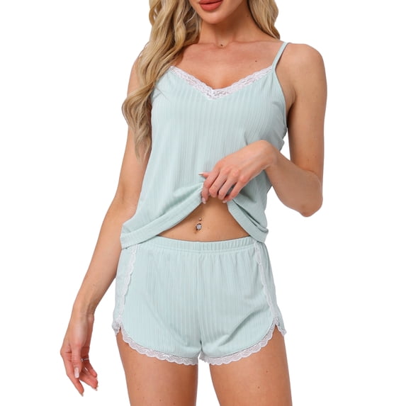 DARING DIVA Pajama Sleeveless Nightwear Ribbed Knit Lace Trim Cami Sets M Green