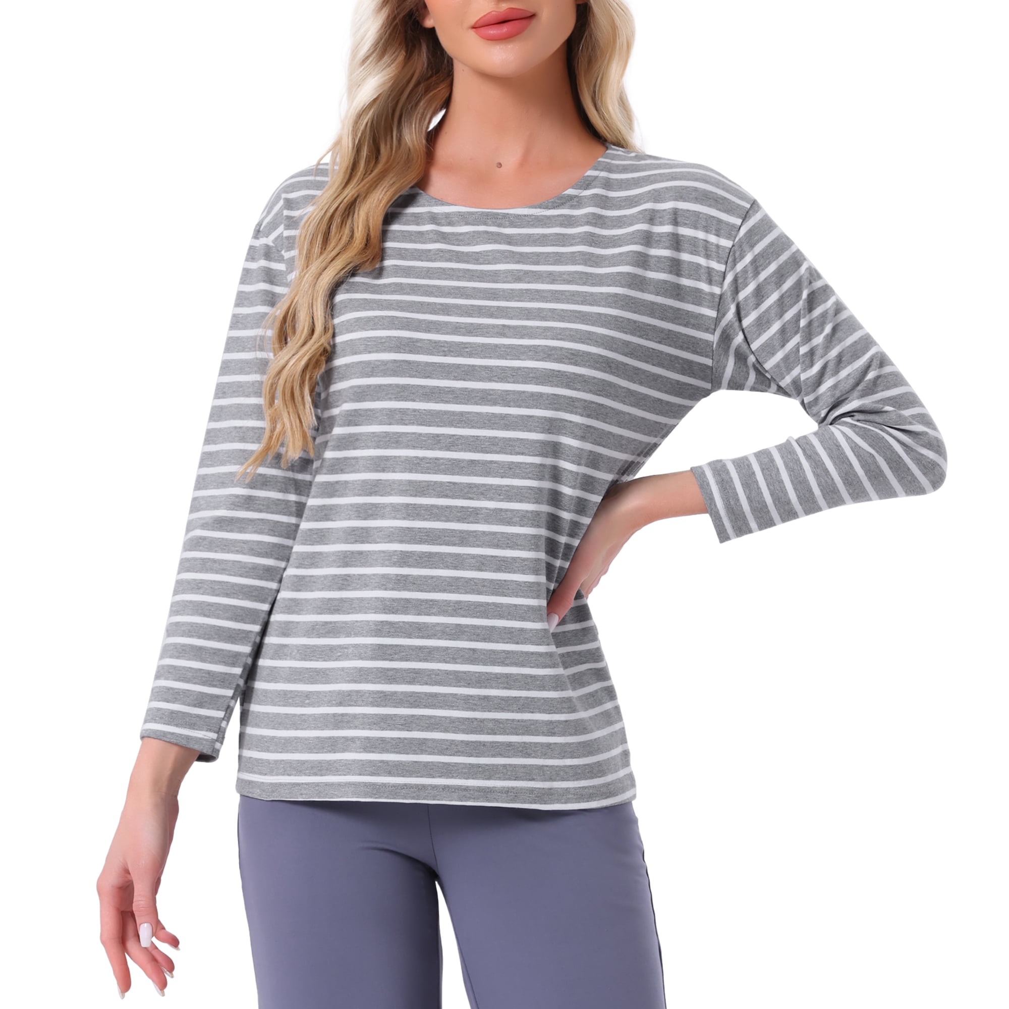 DARING DIVA Pajama Striped Cotton Long Sleeve Crew Neck Sleep Shirts L Grey Striped