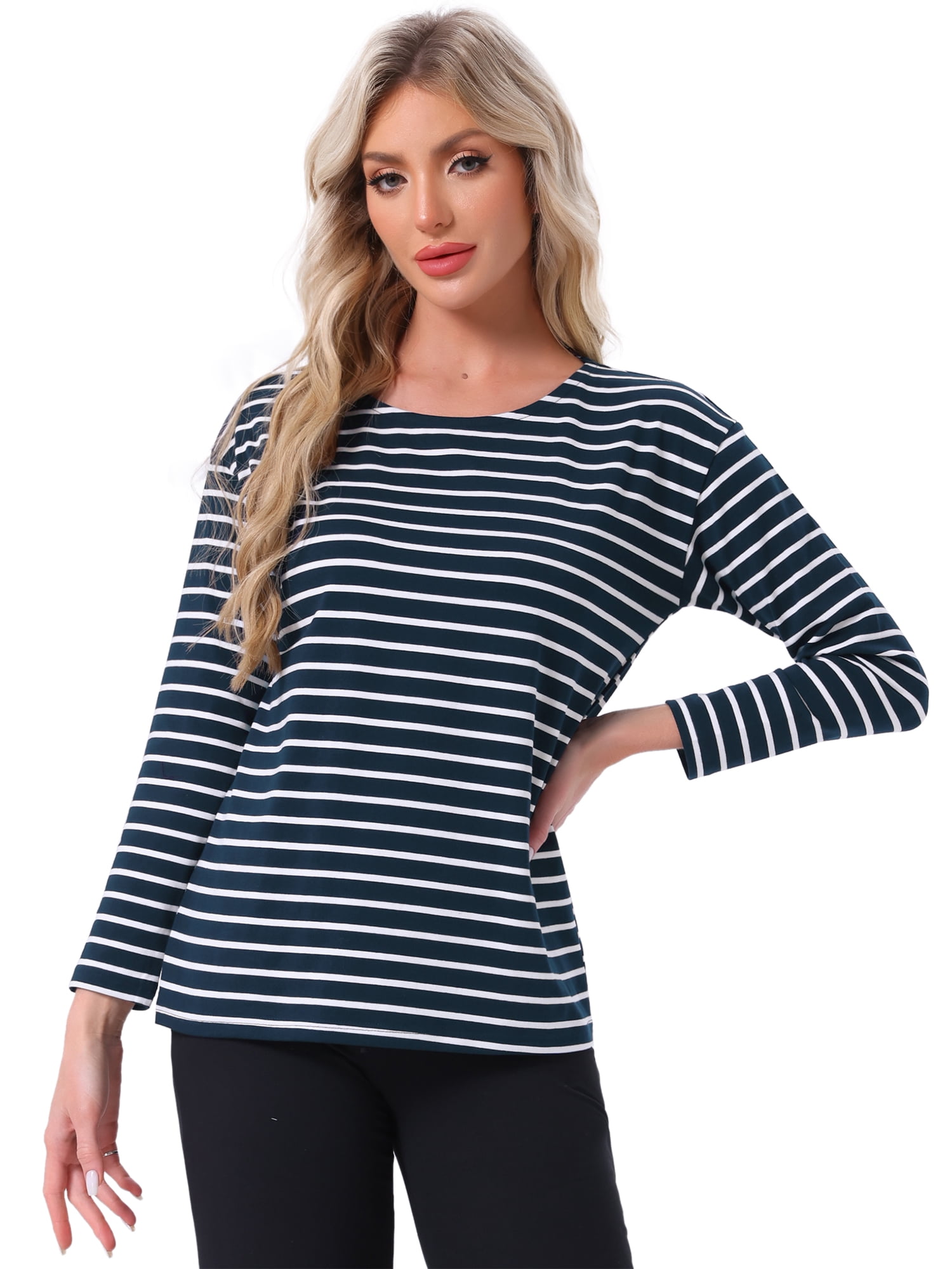 DARING DIVA Pajama Striped Cotton Long Sleeve Crew Neck Sleep Shirts L Navy Striped