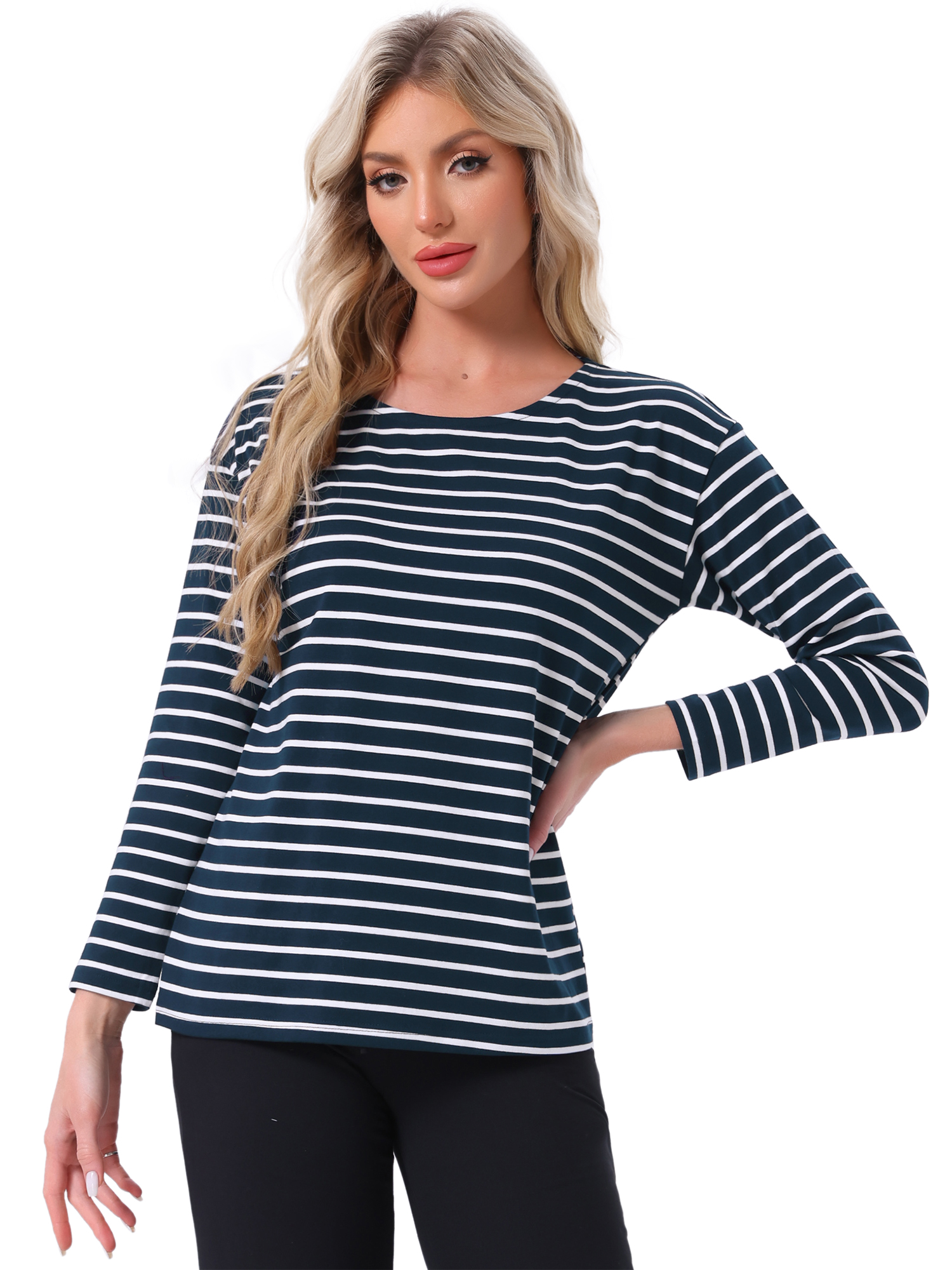 DARING DIVA Pajama Striped Cotton Long Sleeve Crew Neck Sleep Shirts S Navy Striped