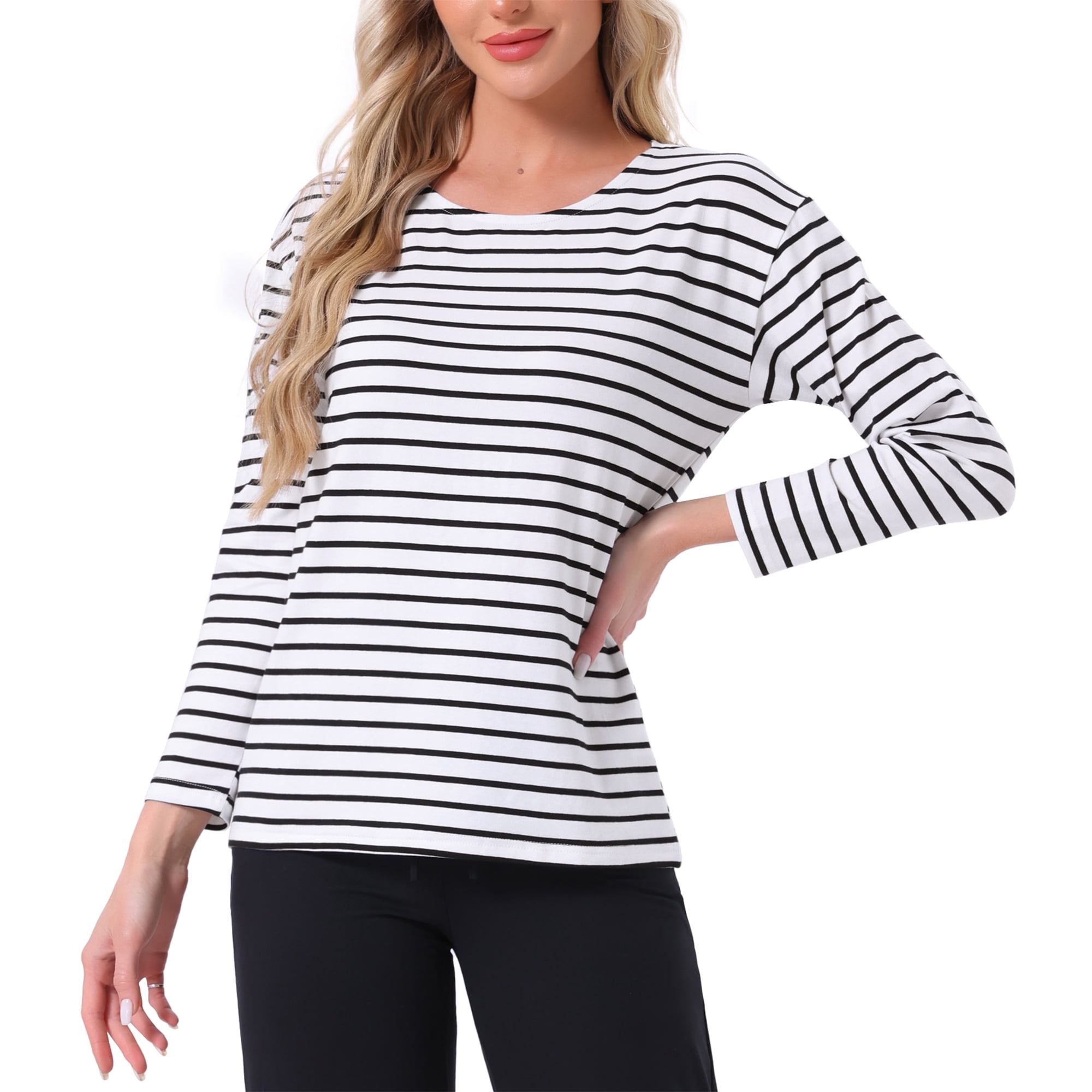 DARING DIVA Pajama Striped Cotton Long Sleeve Crew Neck Sleep Shirts S White Striped