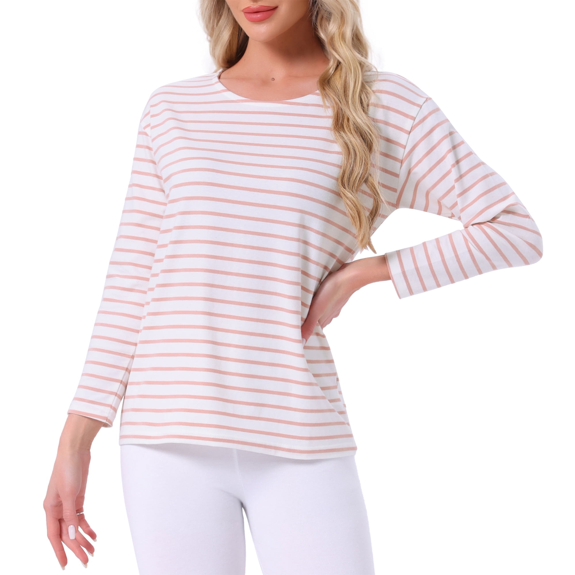 DARING DIVA Pajama Striped Cotton Long Sleeve Crew Neck Sleep Shirts XL Pink Striped