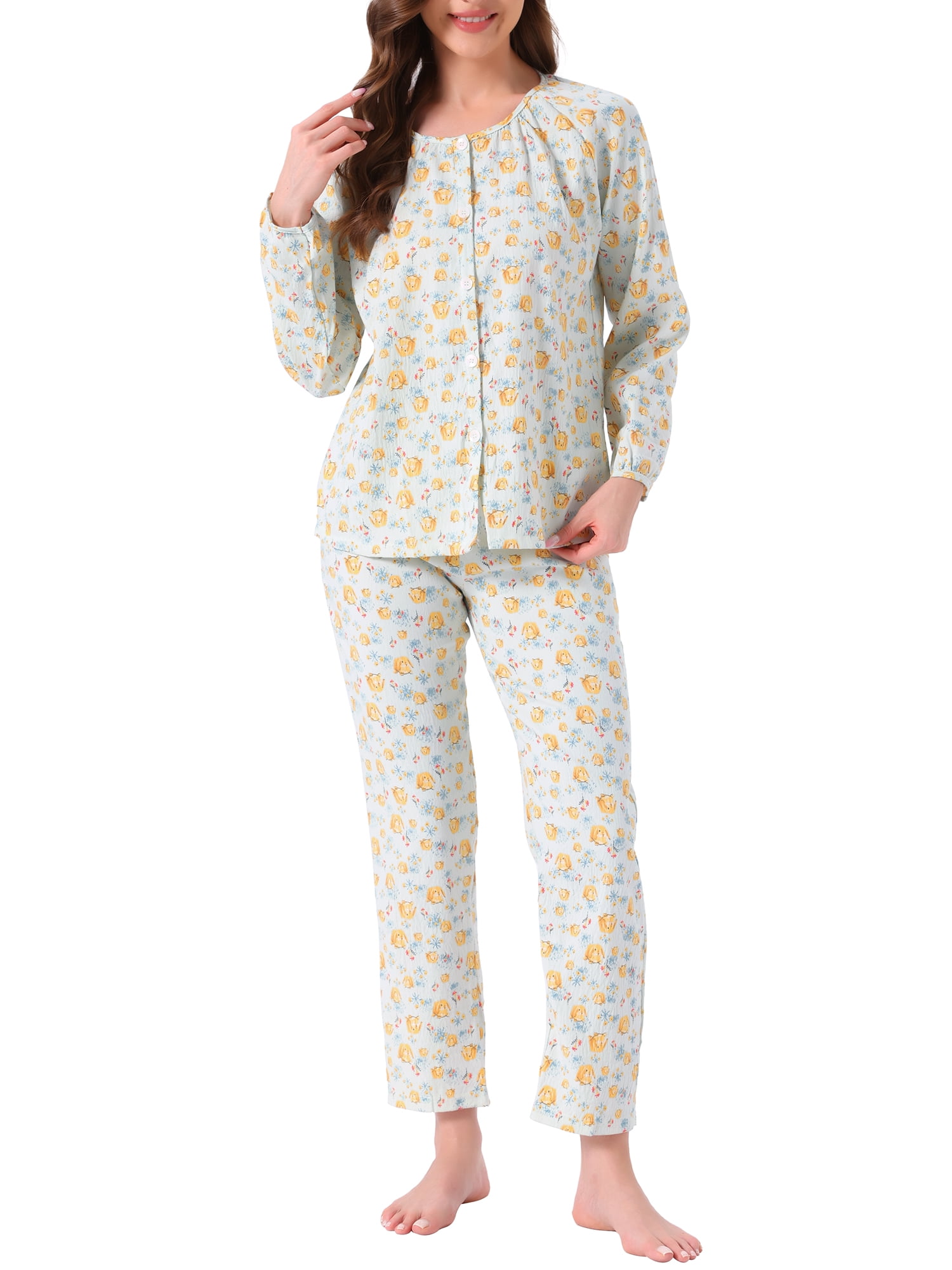 DARING DIVA Pajamas Long Sleeves Cotton Button Down U Neck Set L Green Floral