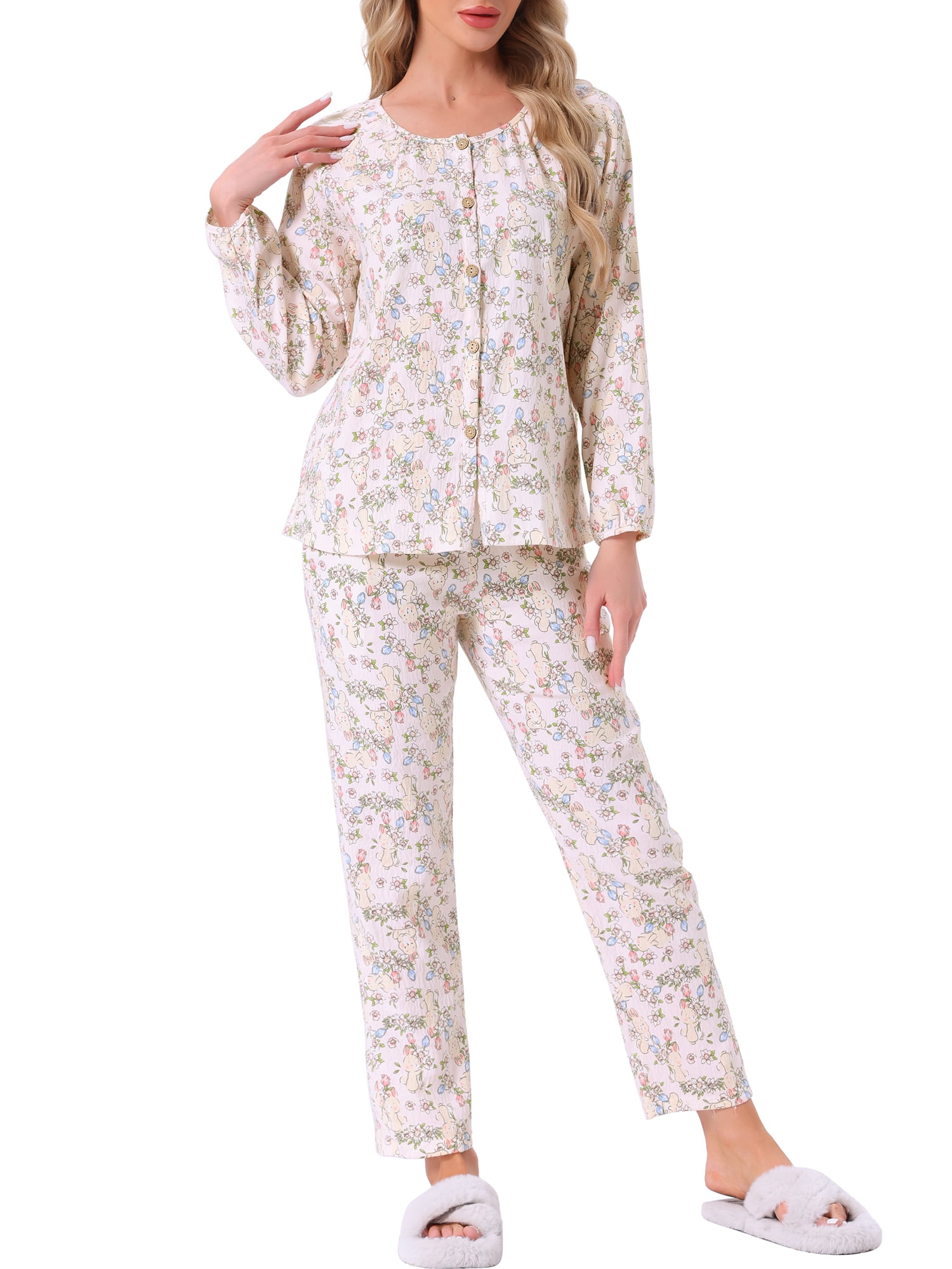 DARING DIVA Pajamas Long Sleeves Cotton Button Down U Neck Set M Pink Floral