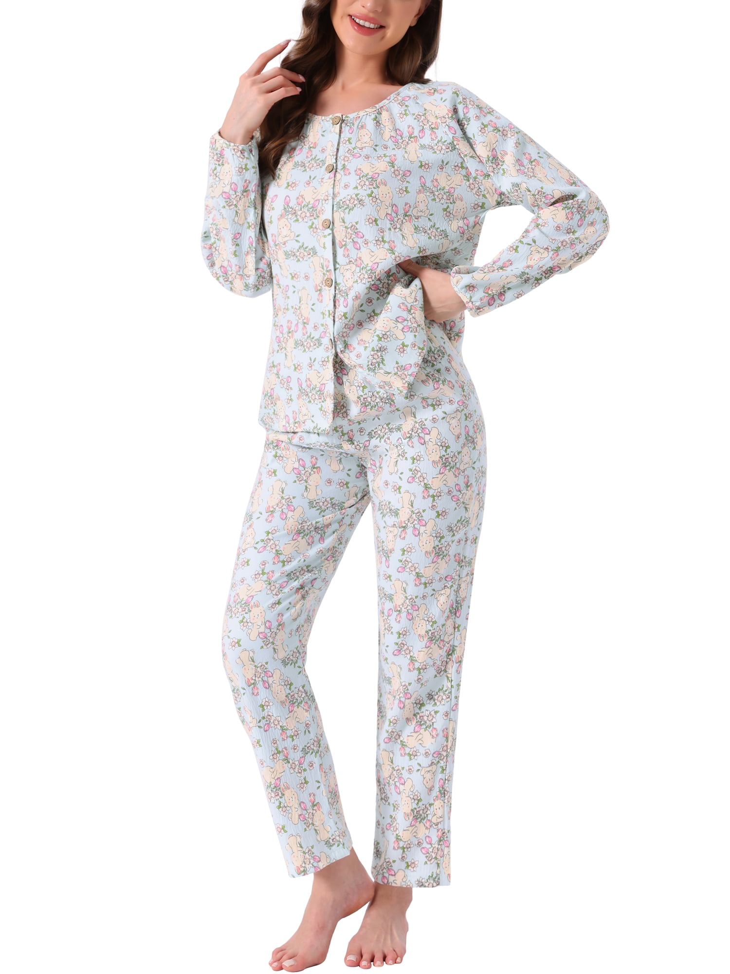 DARING DIVA Pajamas Long Sleeves Cotton Button Down U Neck Set S White Floral
