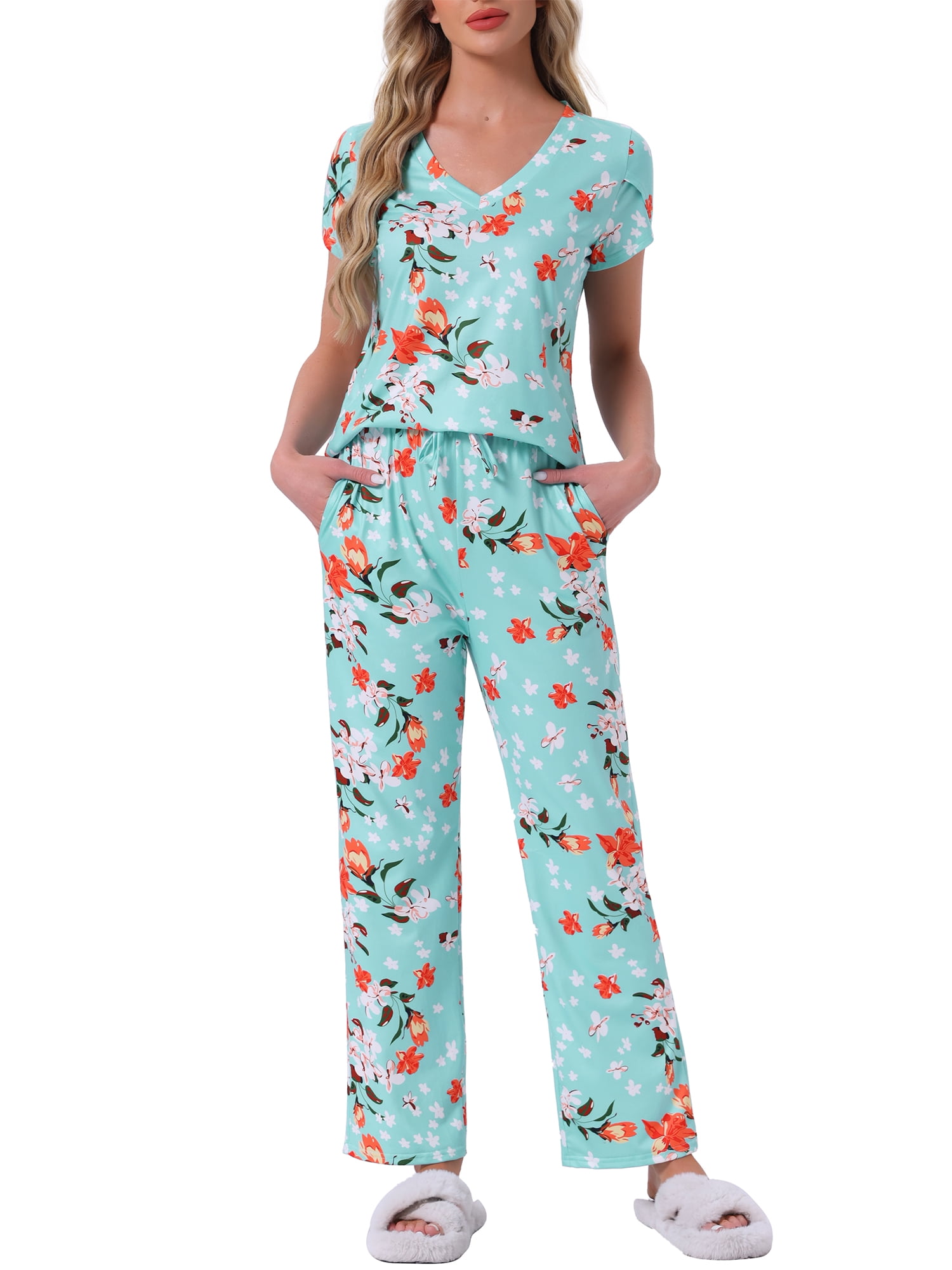 DARING DIVA Pajamas V Neck Top Drawstring Pants Sleepwear Lounge Sets L Blue Floral