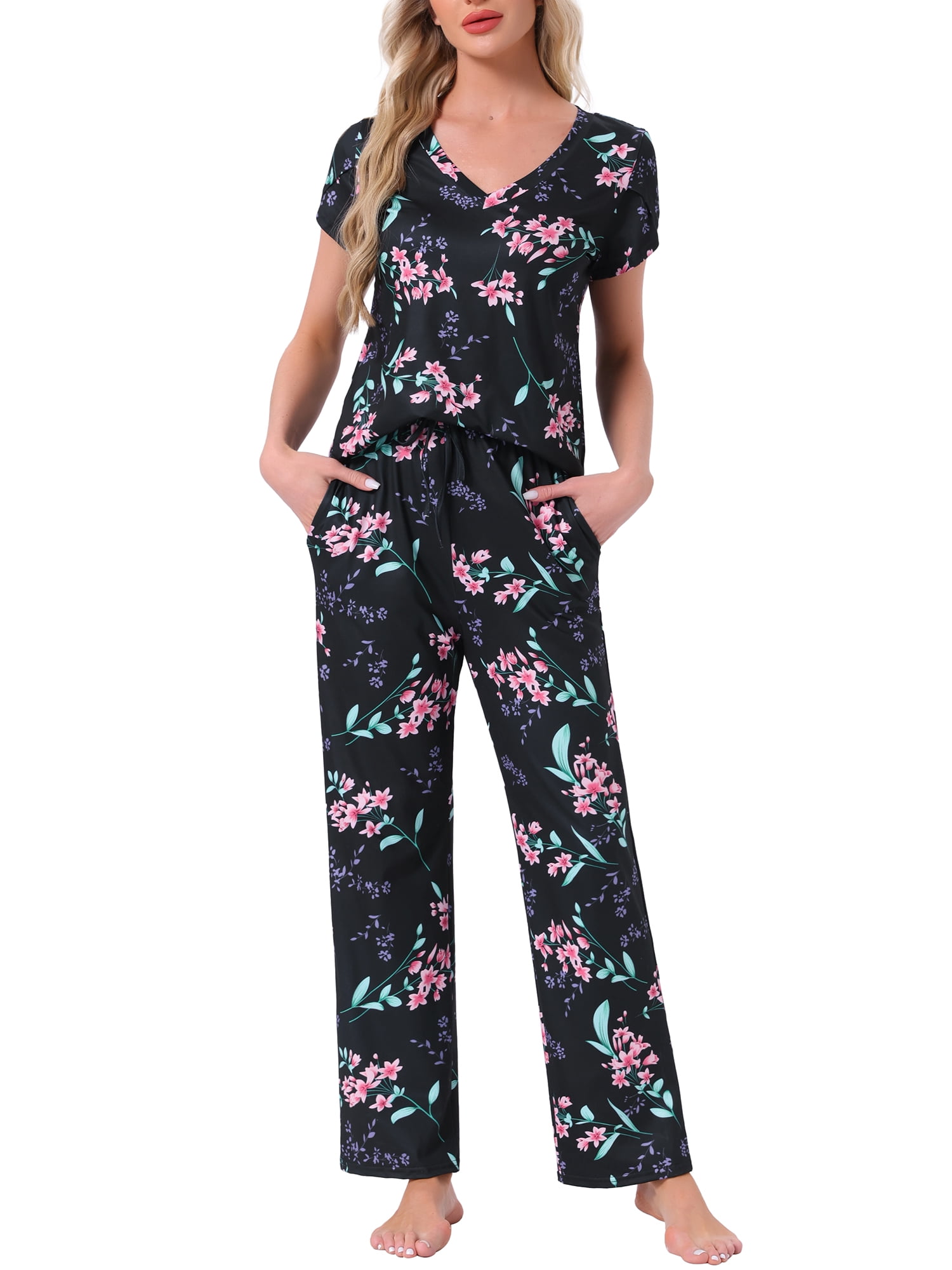 DARING DIVA Pajamas V Neck Top Drawstring Pants Sleepwear Lounge Sets S Black Floral