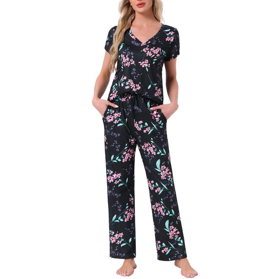 DARING DIVA Pajamas V Neck Top Drawstring Pants Sleepwear Lounge Sets S Black Floral
