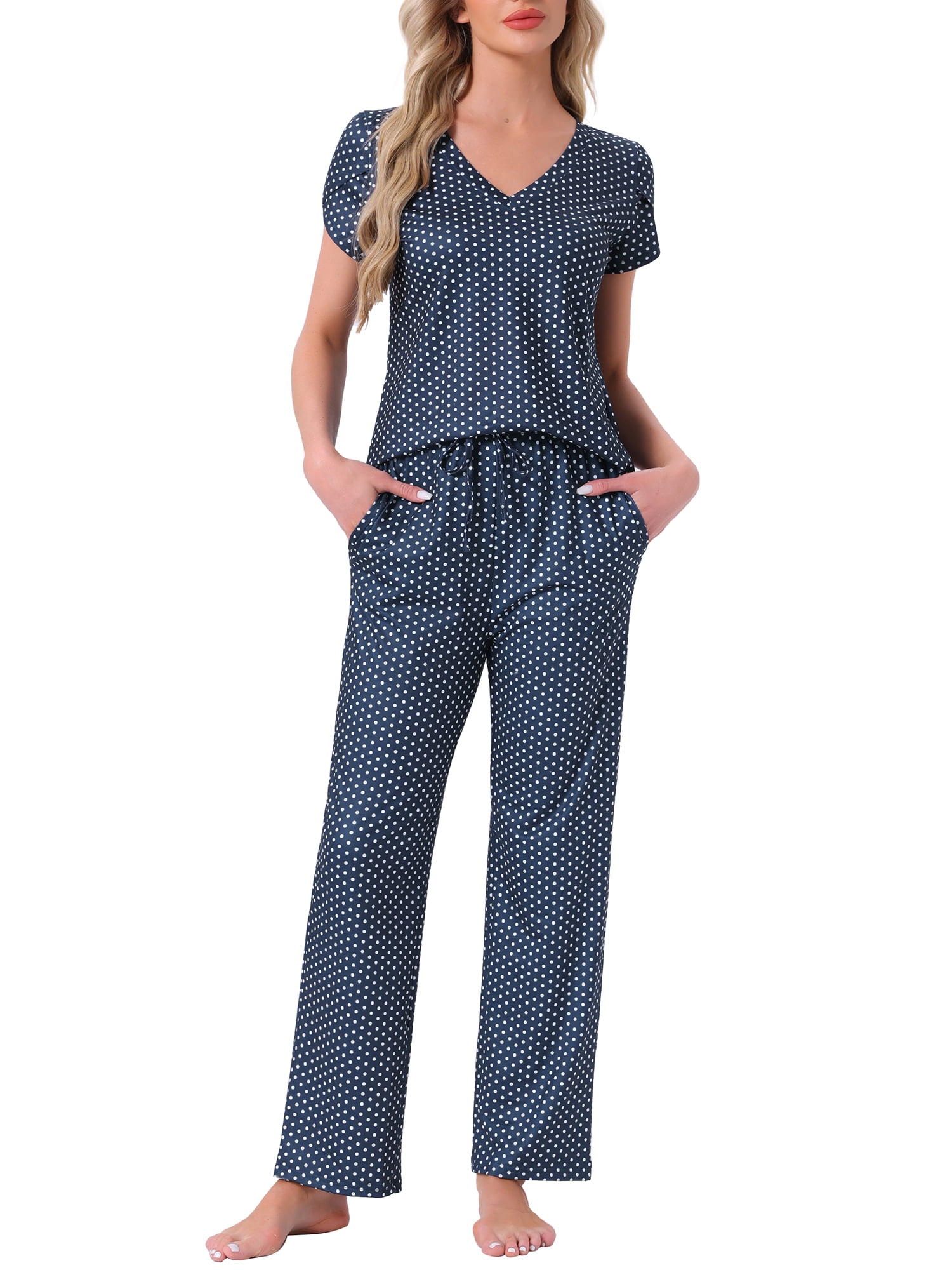 DARING DIVA Pajamas V Neck Top Drawstring Pants Sleepwear Lounge Sets S Blue Dot