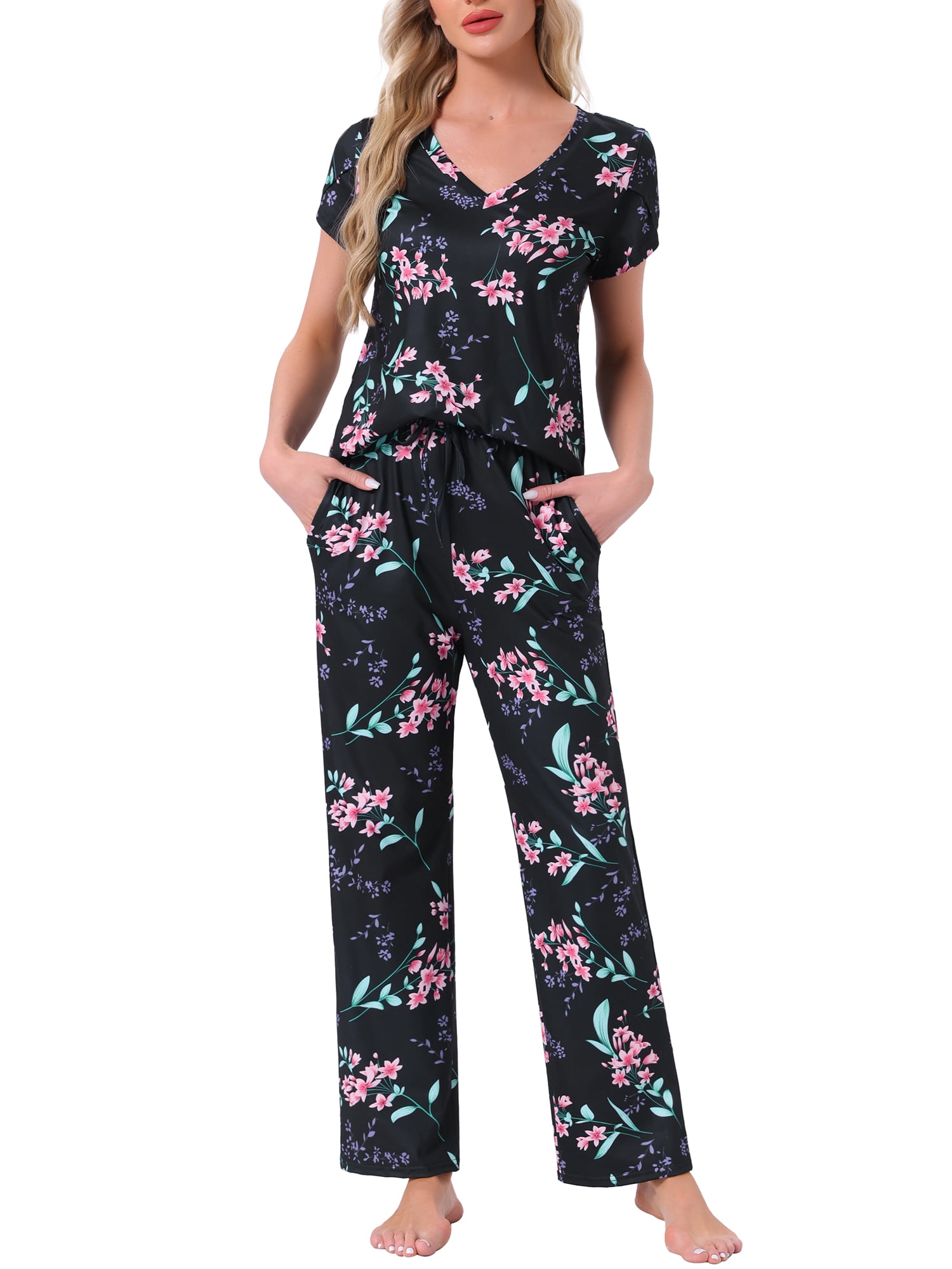DARING DIVA Pajamas V Neck Top Drawstring Pants Sleepwear Lounge Sets XL Black Floral