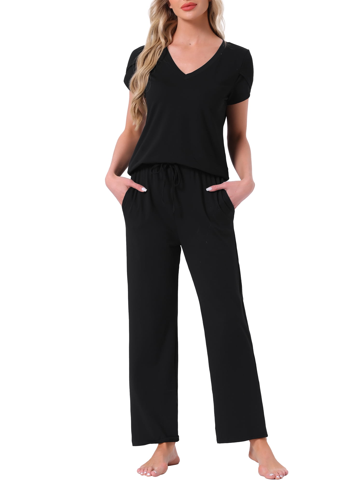 DARING DIVA Pajamas V Neck Top Drawstring Pants Sleepwear Lounge Sets XL Black