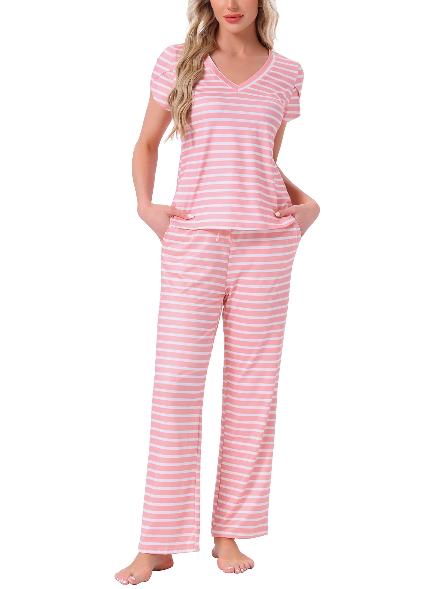 DARING DIVA Pajamas V Neck Top Drawstring Pants Sleepwear Lounge Sets XL Pink Striped