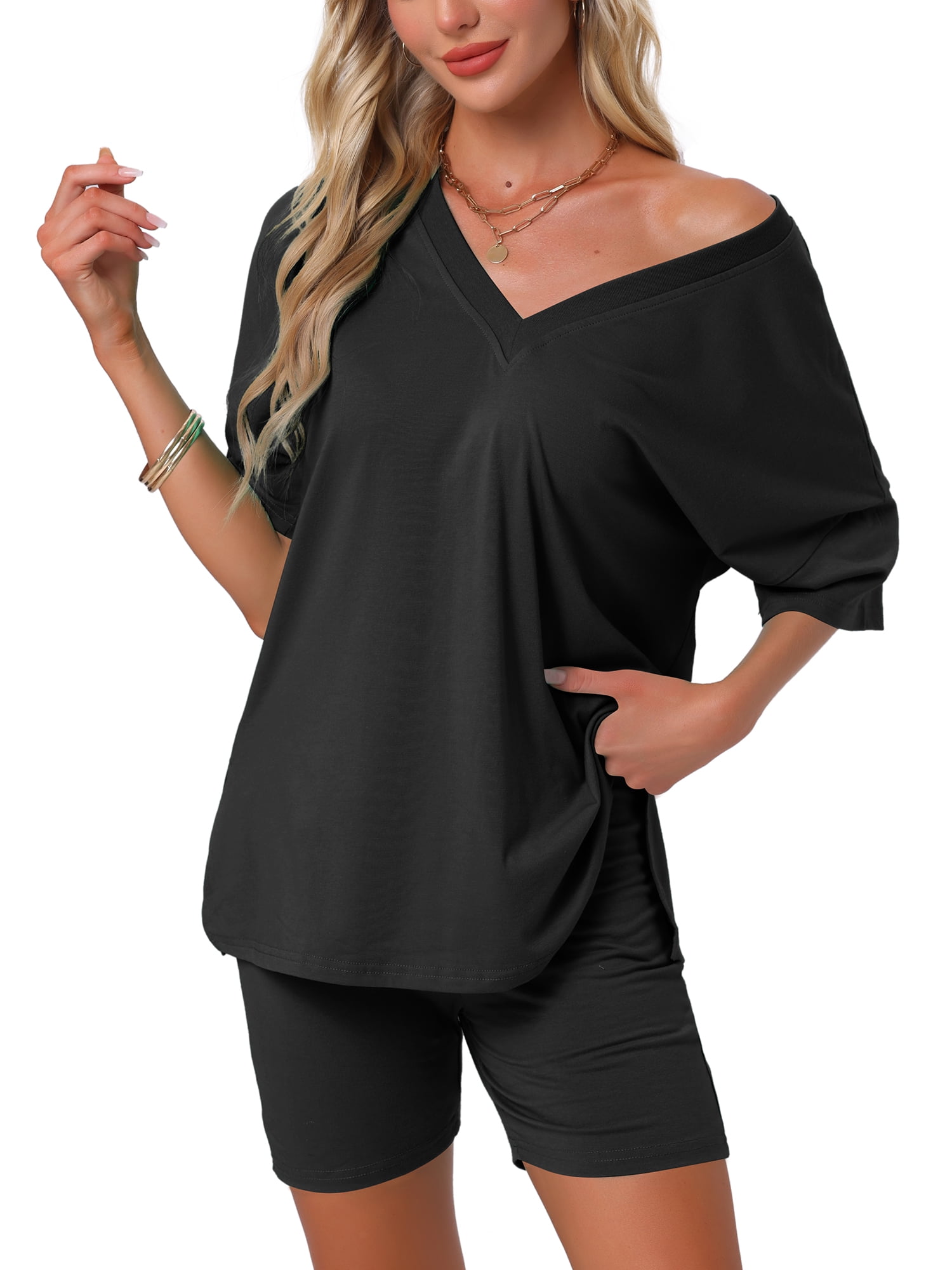 DARING DIVA Pajamas V Neck Workout Reversible Tracksuit Shorts Set S Black