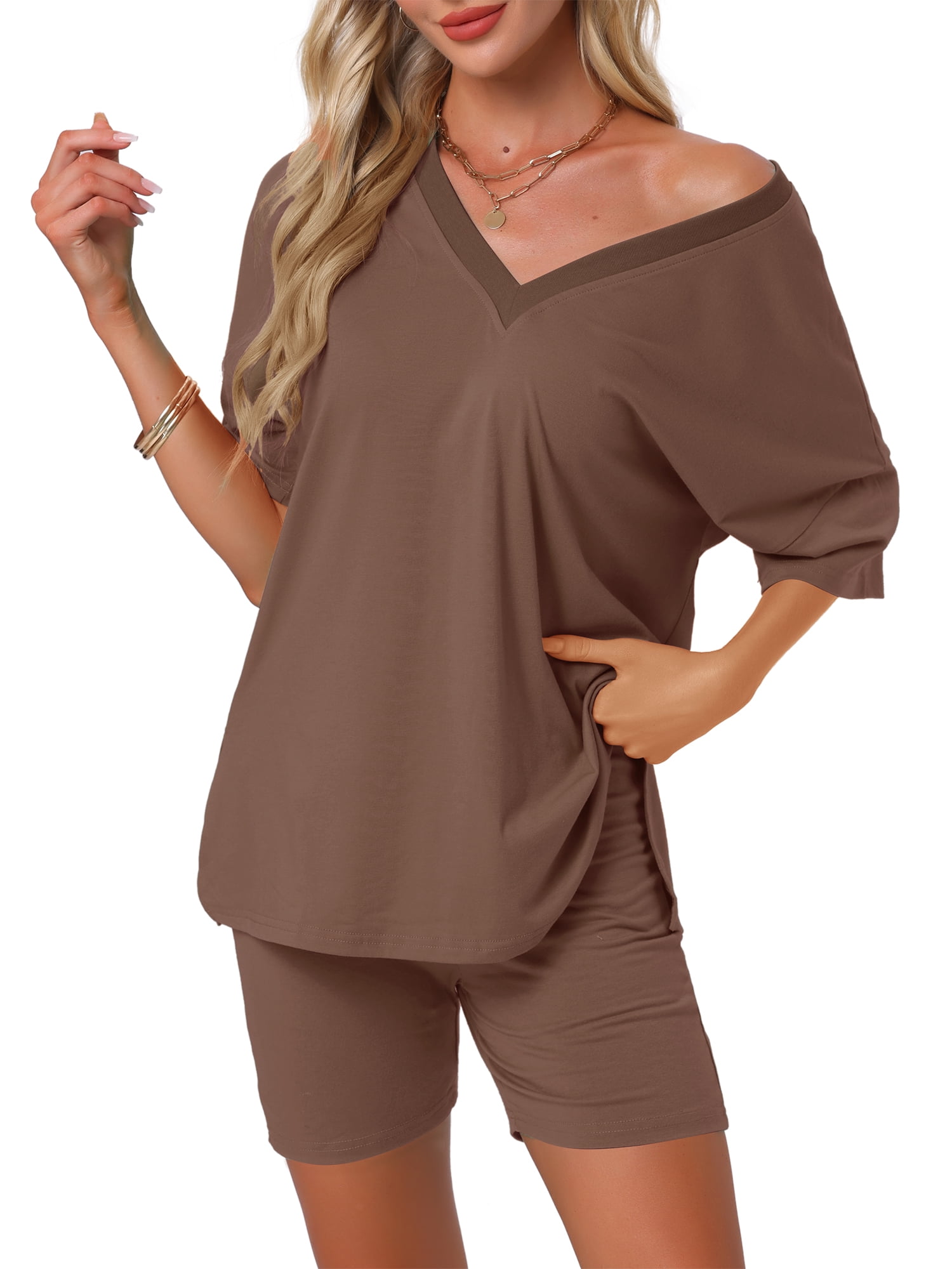 DARING DIVA Pajamas V Neck Workout Reversible Tracksuit Shorts Set XL Coffee
