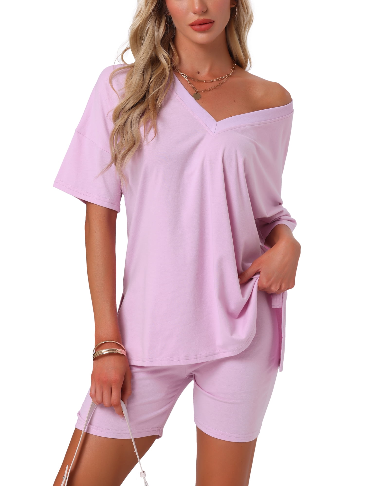 DARING DIVA Pajamas V Neck Workout Reversible Tracksuit Shorts Set XS Bright Pink