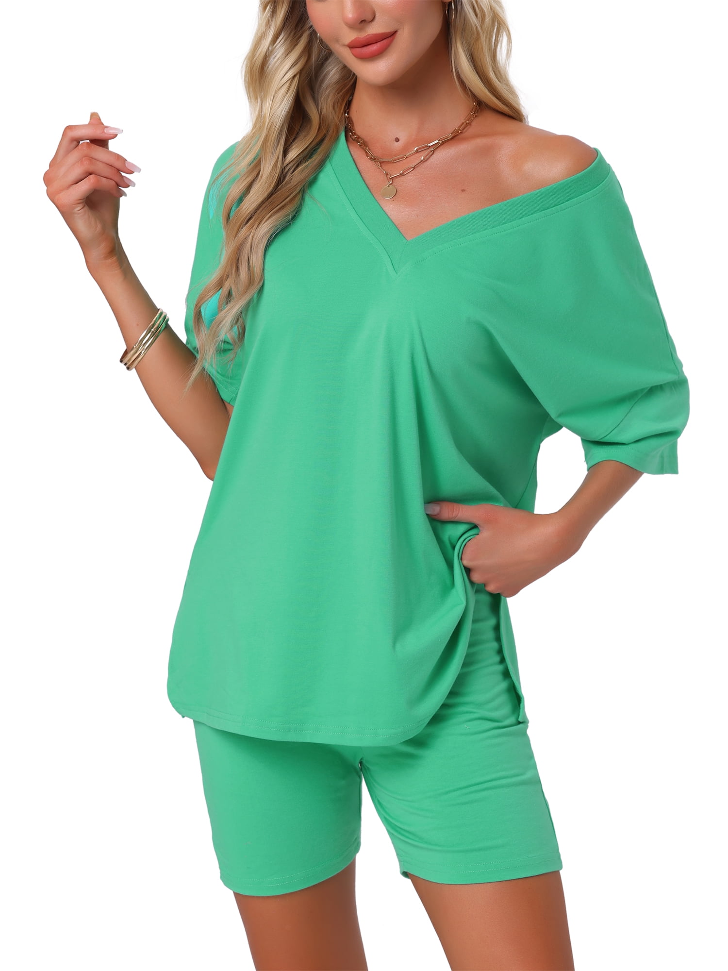 DARING DIVA Pajamas V Neck Workout Reversible Tracksuit Shorts Set XS Green