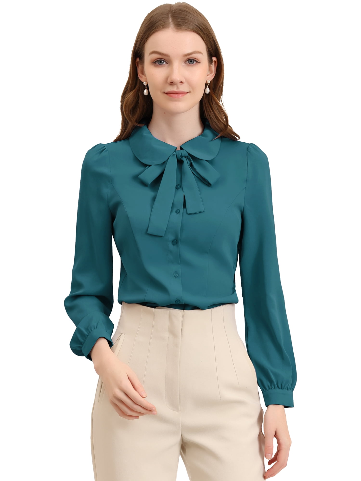 DARING DIVA Pan Collar Bow Tie Neck Work Office Shirt M Peacock Blue