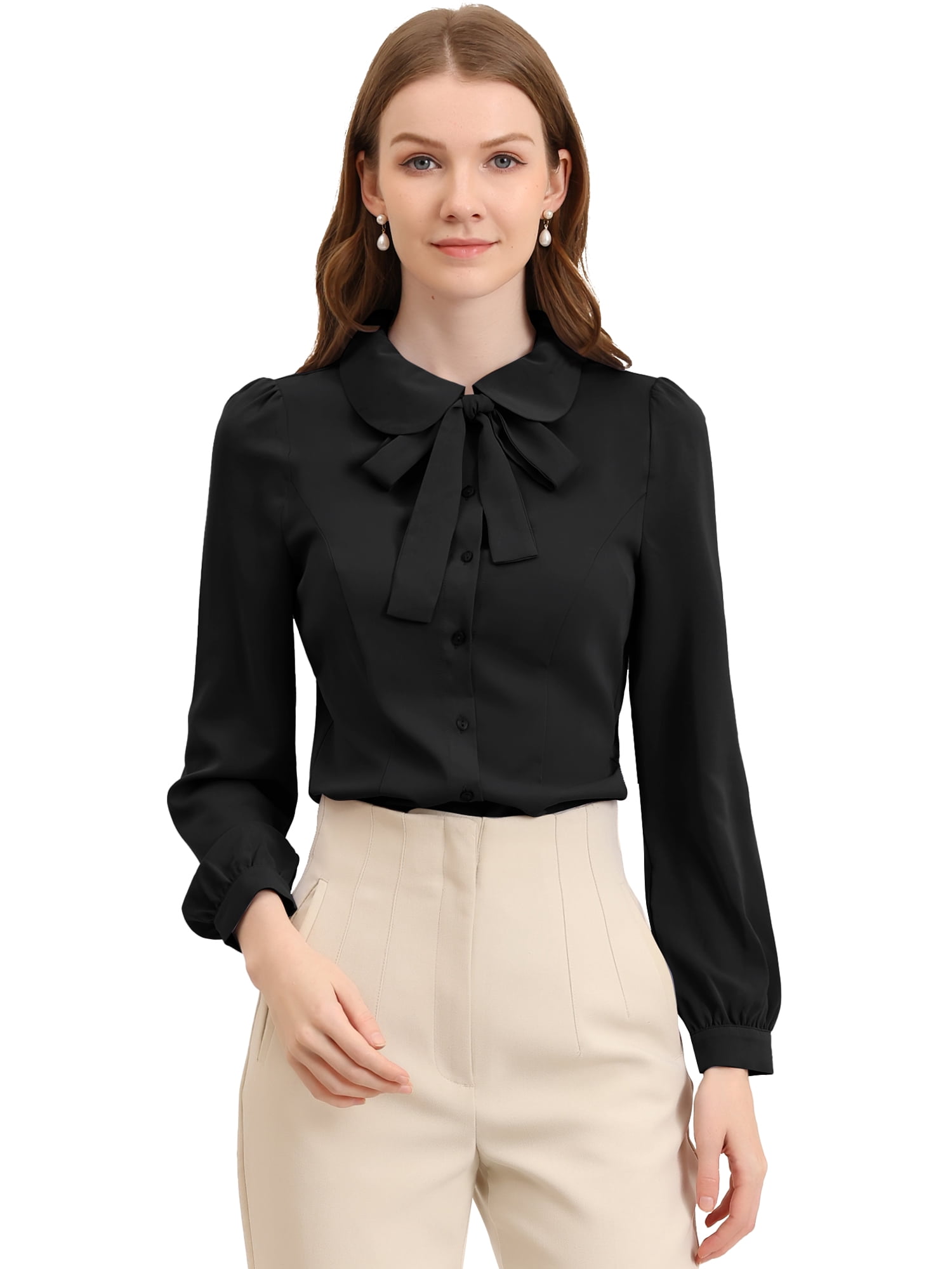 DARING DIVA Pan Collar Bow Tie Neck Work Office Shirt XL Black