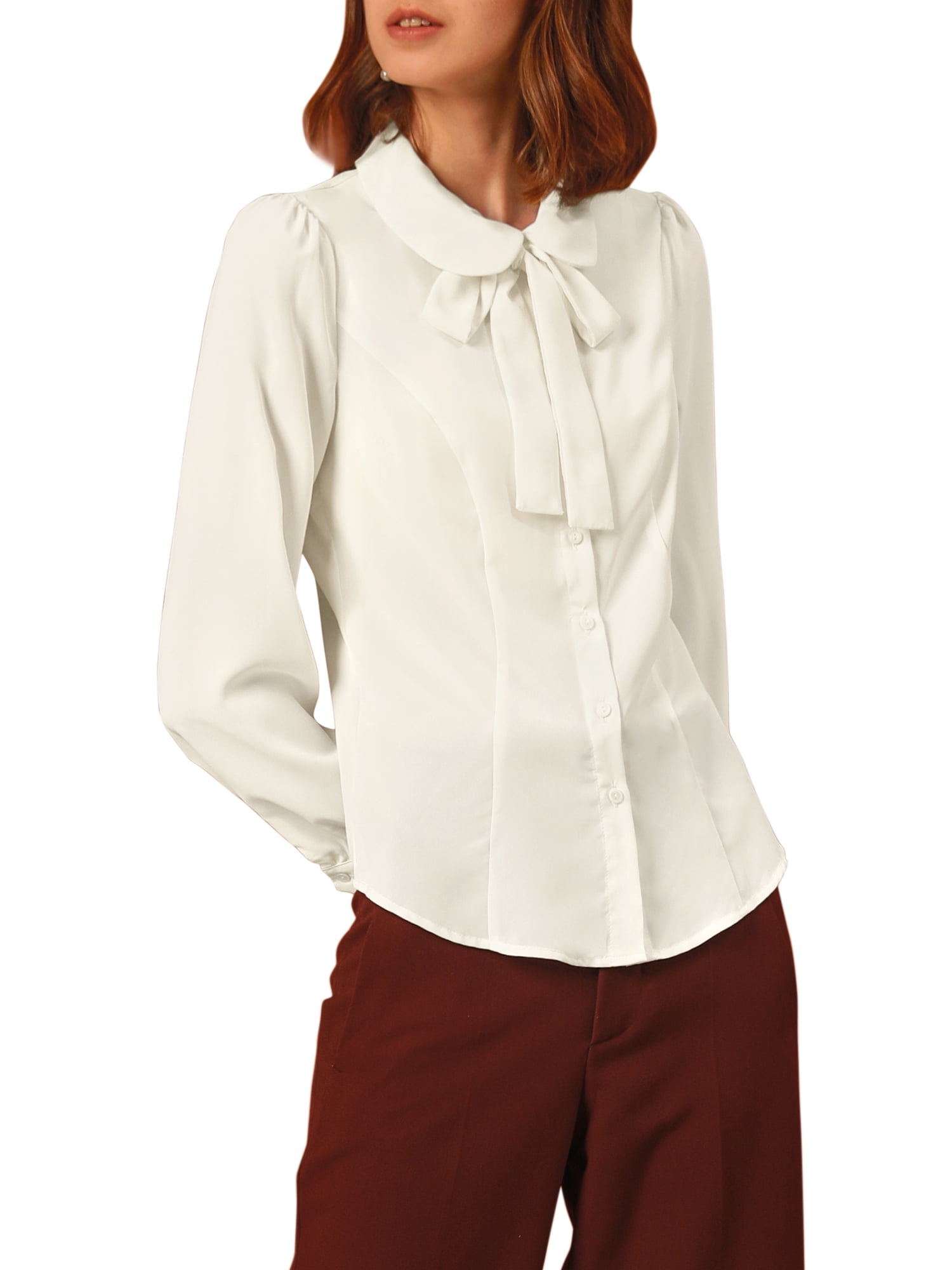 DARING DIVA Pan Collar Bow Tie Neck Work Office Shirt XL White