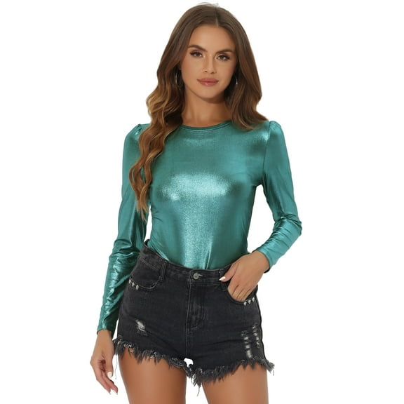 DARING DIVA Party Club Glitter Long Sleeve Metallic Shiny Top XS Blue Shiny