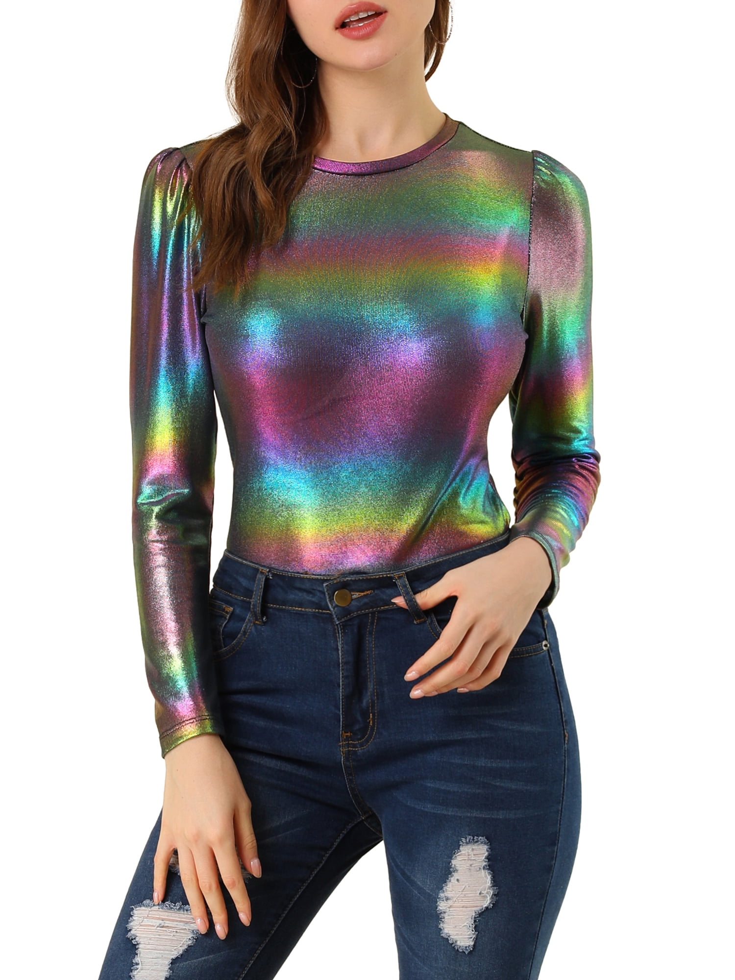 DARING DIVA Party Club Glitter Long Sleeve Metallic Shiny Top XS ...