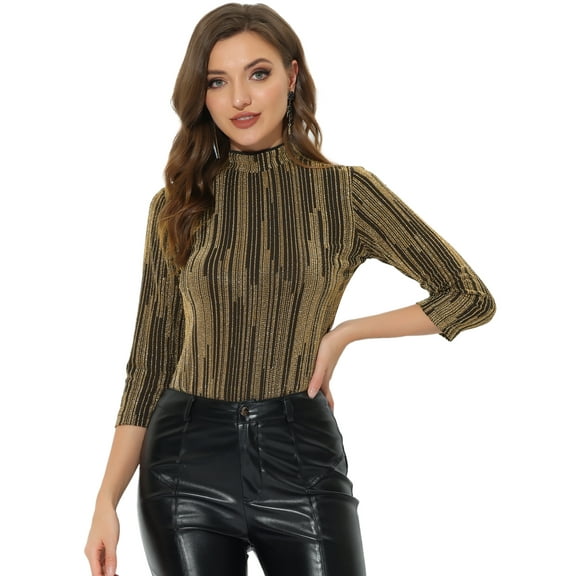 DARING DIVA Party Glitter Shiny Striped Metallic Top M Shiny Gold