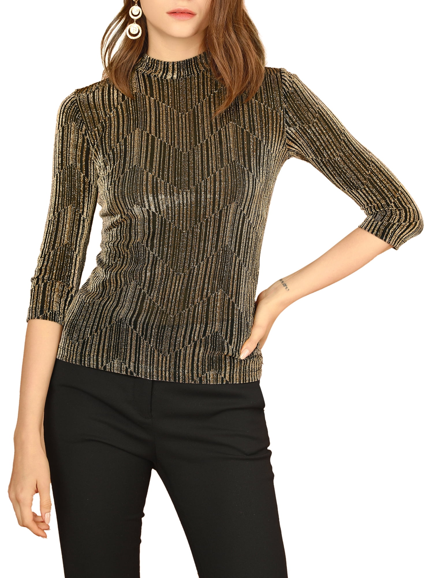 DARING DIVA Party Glitter Shiny Striped Metallic Top S Gold Black