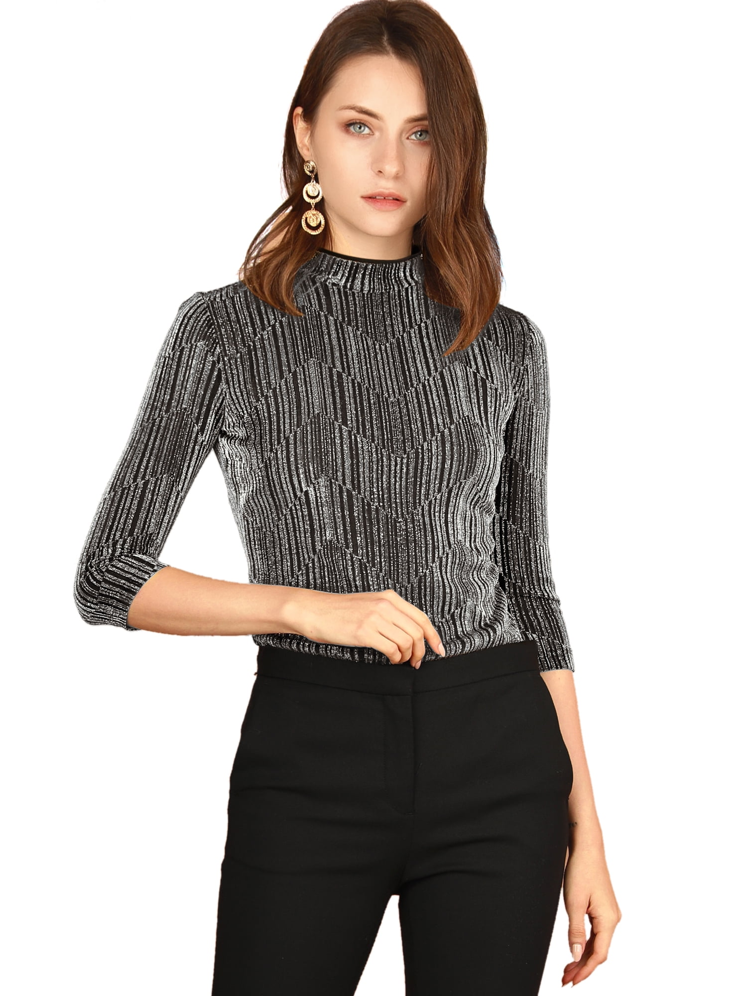 DARING DIVA Party Glitter Shiny Striped Metallic Top S Silver Black