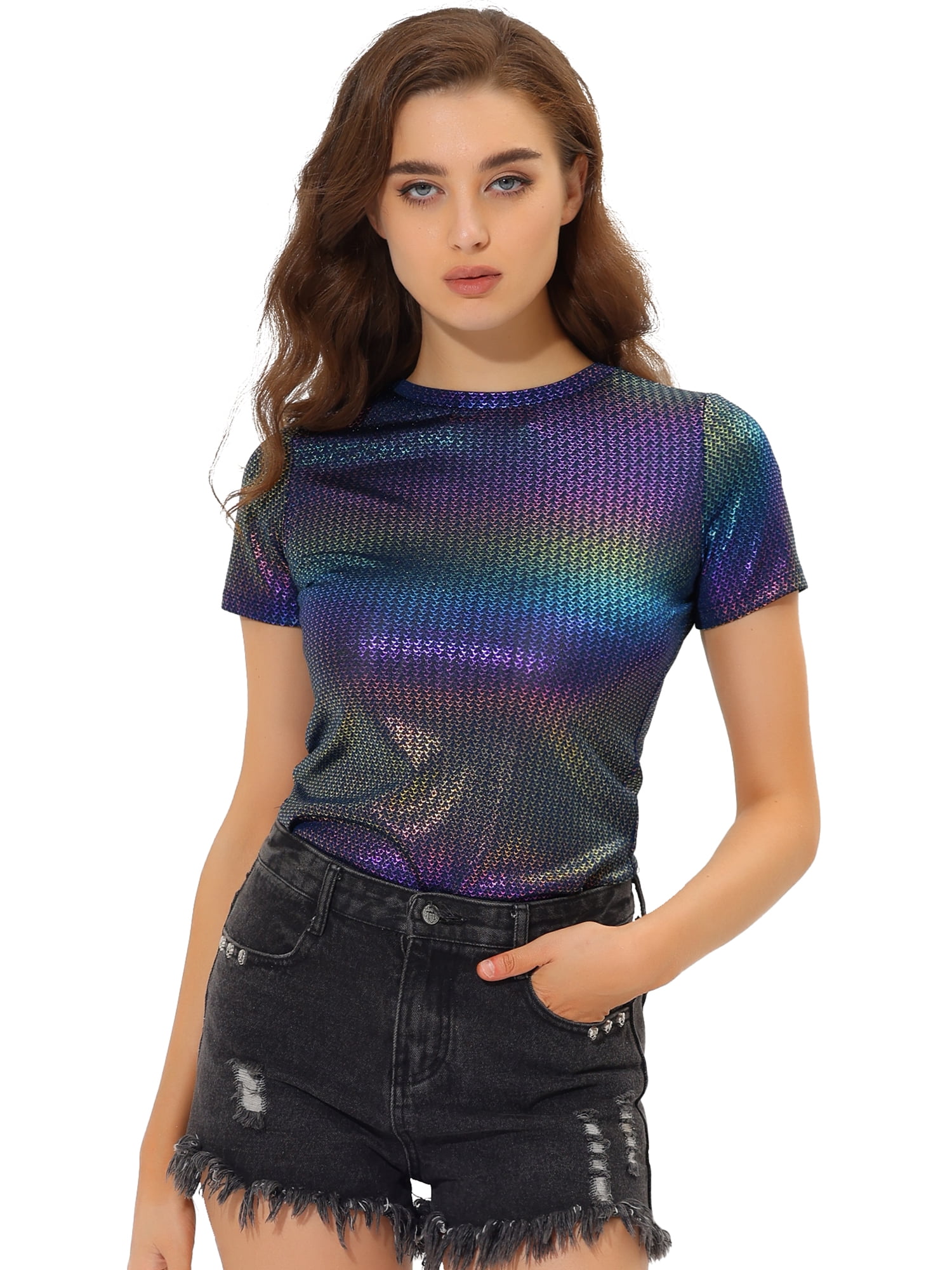 DARING DIVA Party Metallic Textured Short Sleeve Shiny Tops 2XL Dark Blue