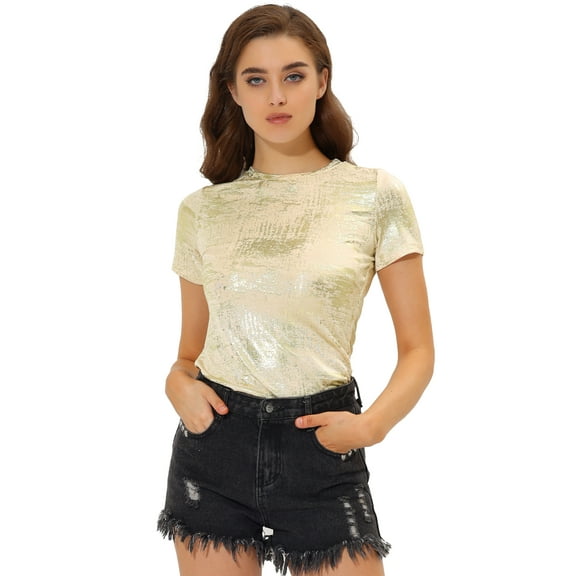 DARING DIVA Party Metallic Textured Short Sleeve Shiny Tops 3XL Light Gold