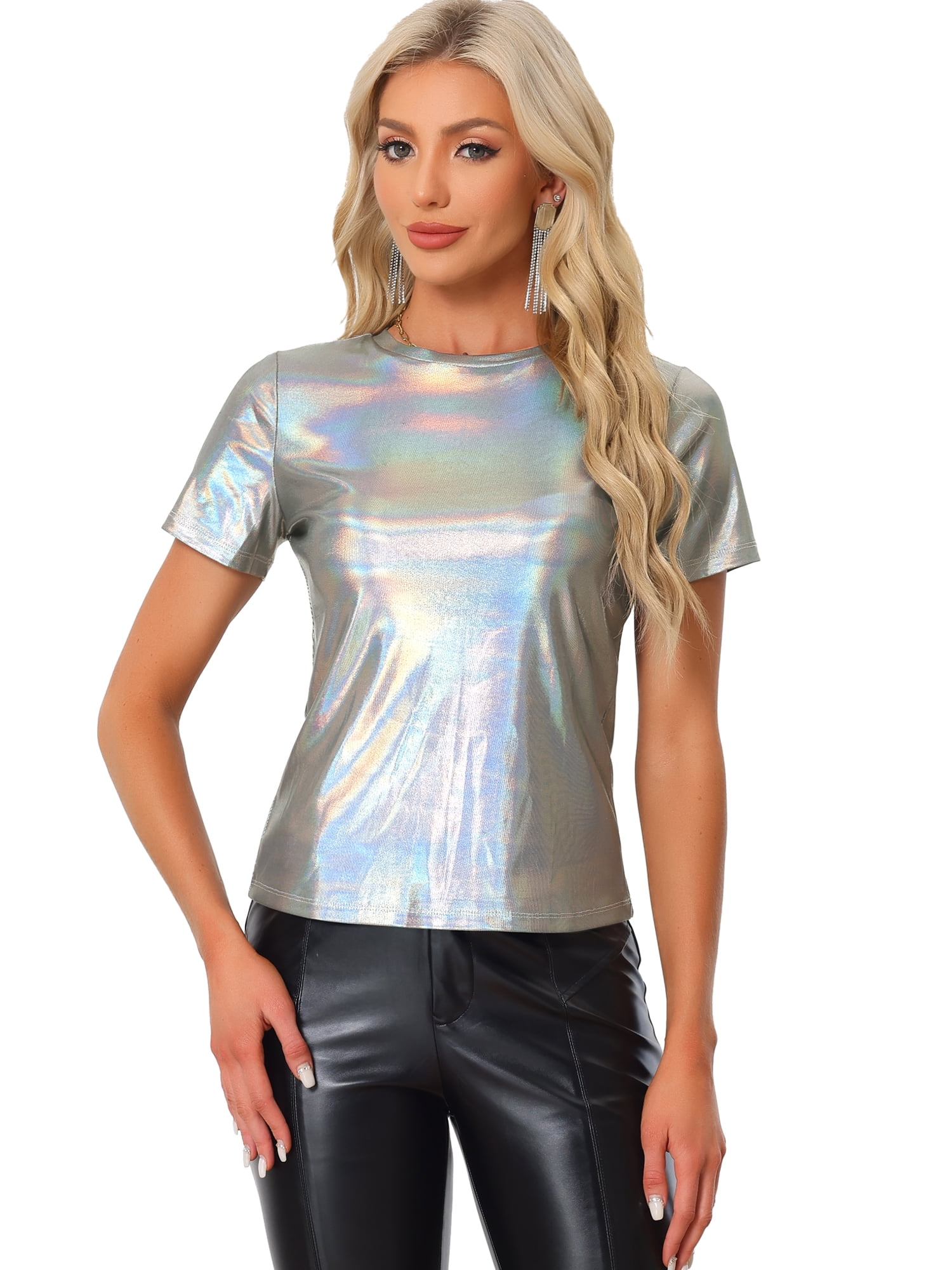 DARING DIVA Party Metallic Textured Short Sleeve Shiny Tops M Shiny Silver