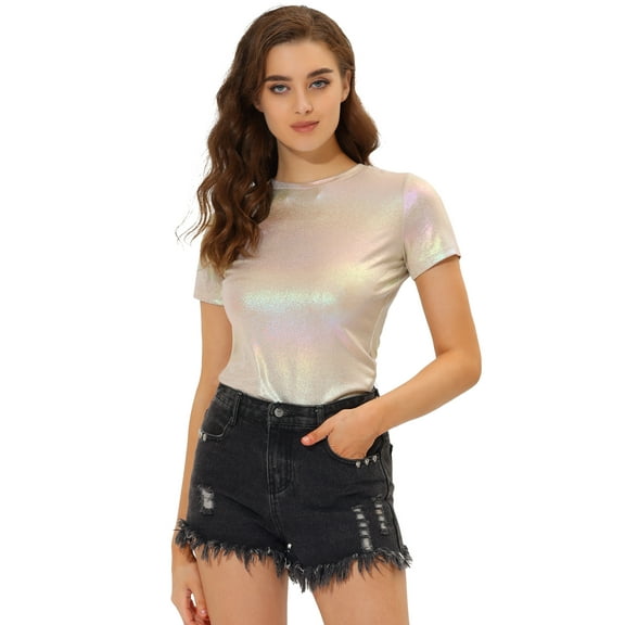 DARING DIVA Party Metallic Textured Short Sleeve Shiny Tops S Beige