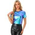 thumbnail image 1 of DARING DIVA Party Metallic Textured Short Sleeve Shiny Tops S Blue Green, 1 of 6