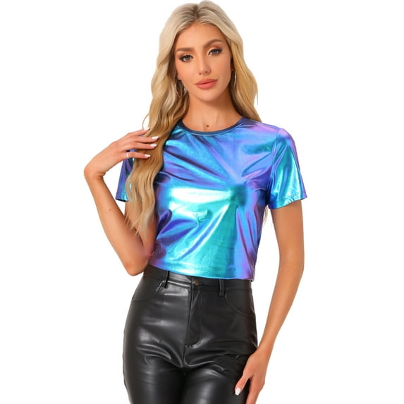 DARING DIVA Party Metallic Textured Short Sleeve Shiny Tops S Blue Green
