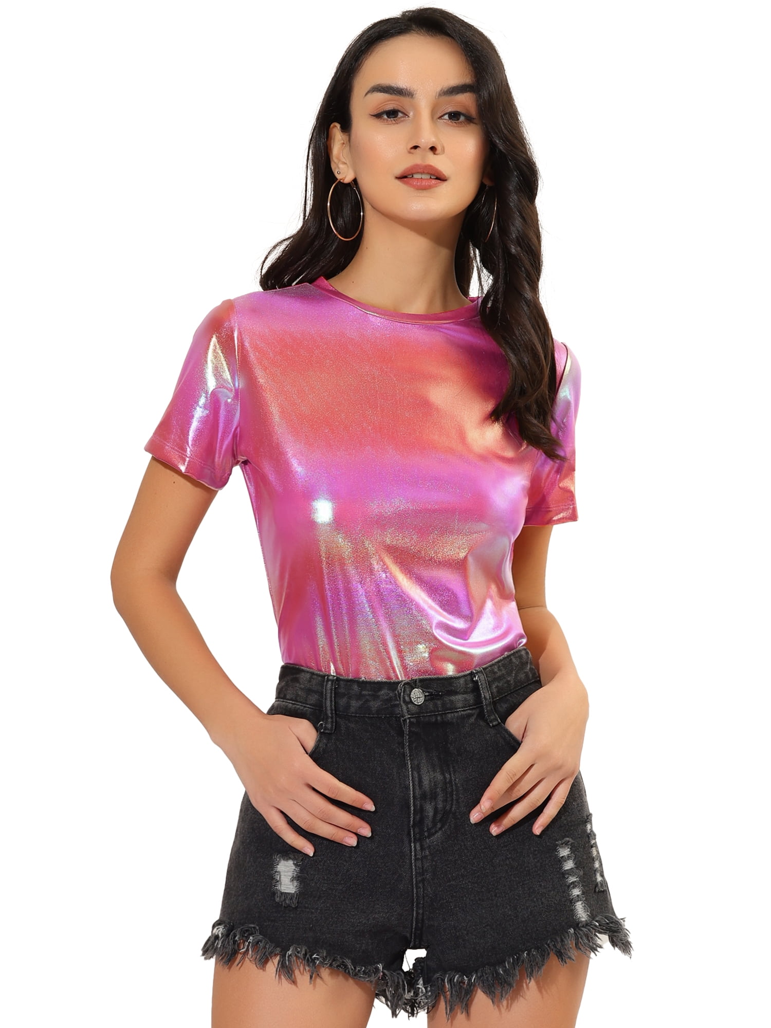DARING DIVA Party Metallic Textured Short Sleeve Shiny Tops XL Pink