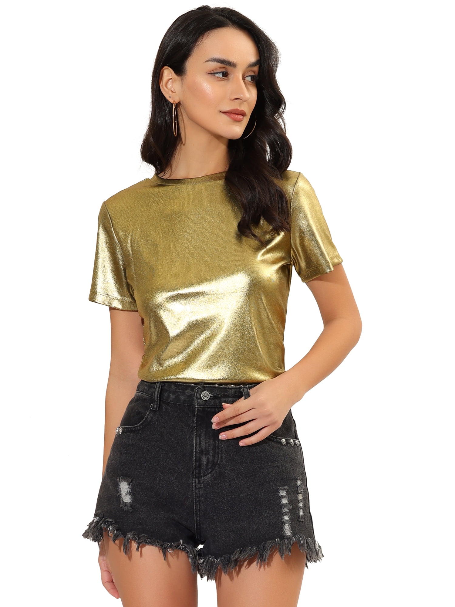 DARING DIVA Party Metallic Textured Short Sleeve Shiny Tops XS Gold
