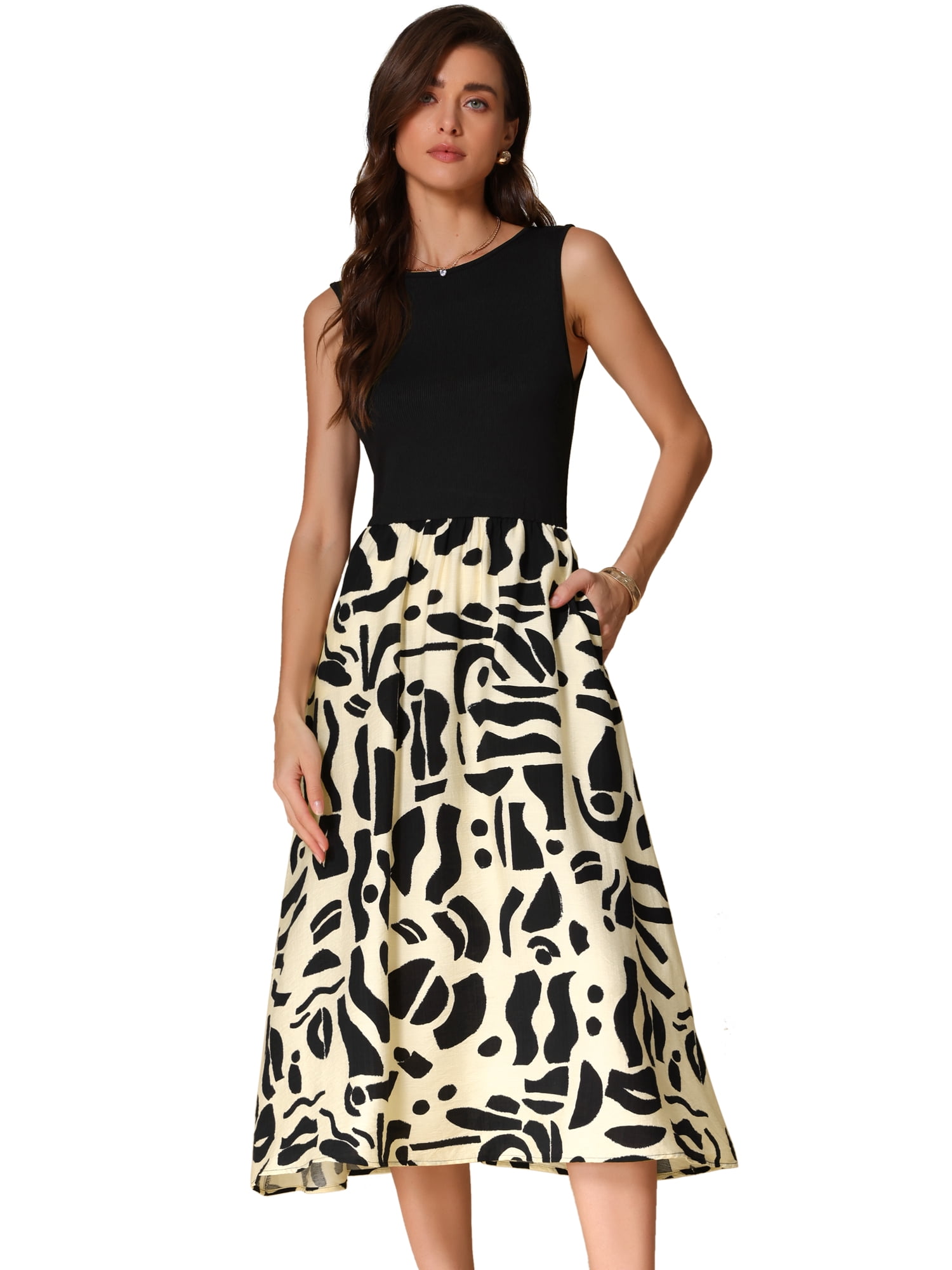 DARING DIVA Patchwork Round Neck Sleeveless Midi Dress XL Black Beige