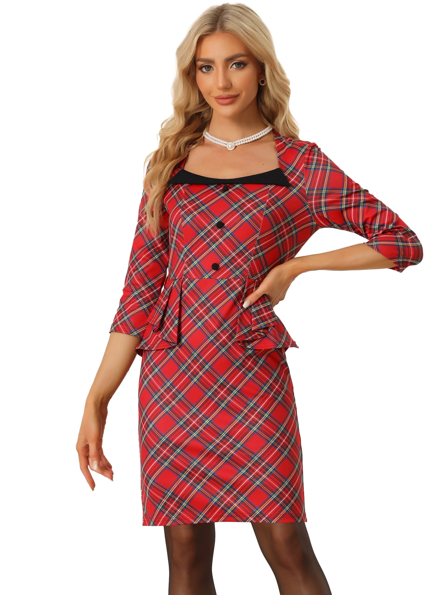 DARING DIVA Pencil Dress 3/4 Sleeve Peplum Belt Plaid Sheath Dress L Red
