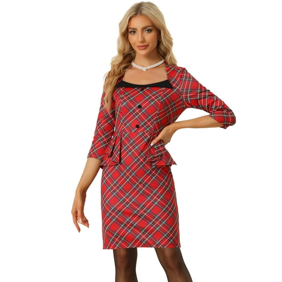 DARING DIVA Pencil Dress 3/4 Sleeve Peplum Belt Plaid Sheath Dress L Red