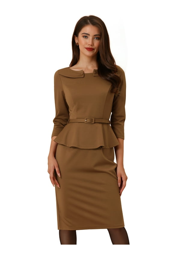 Peplum Dress Belted Cocktail Sheath Dress M Brown