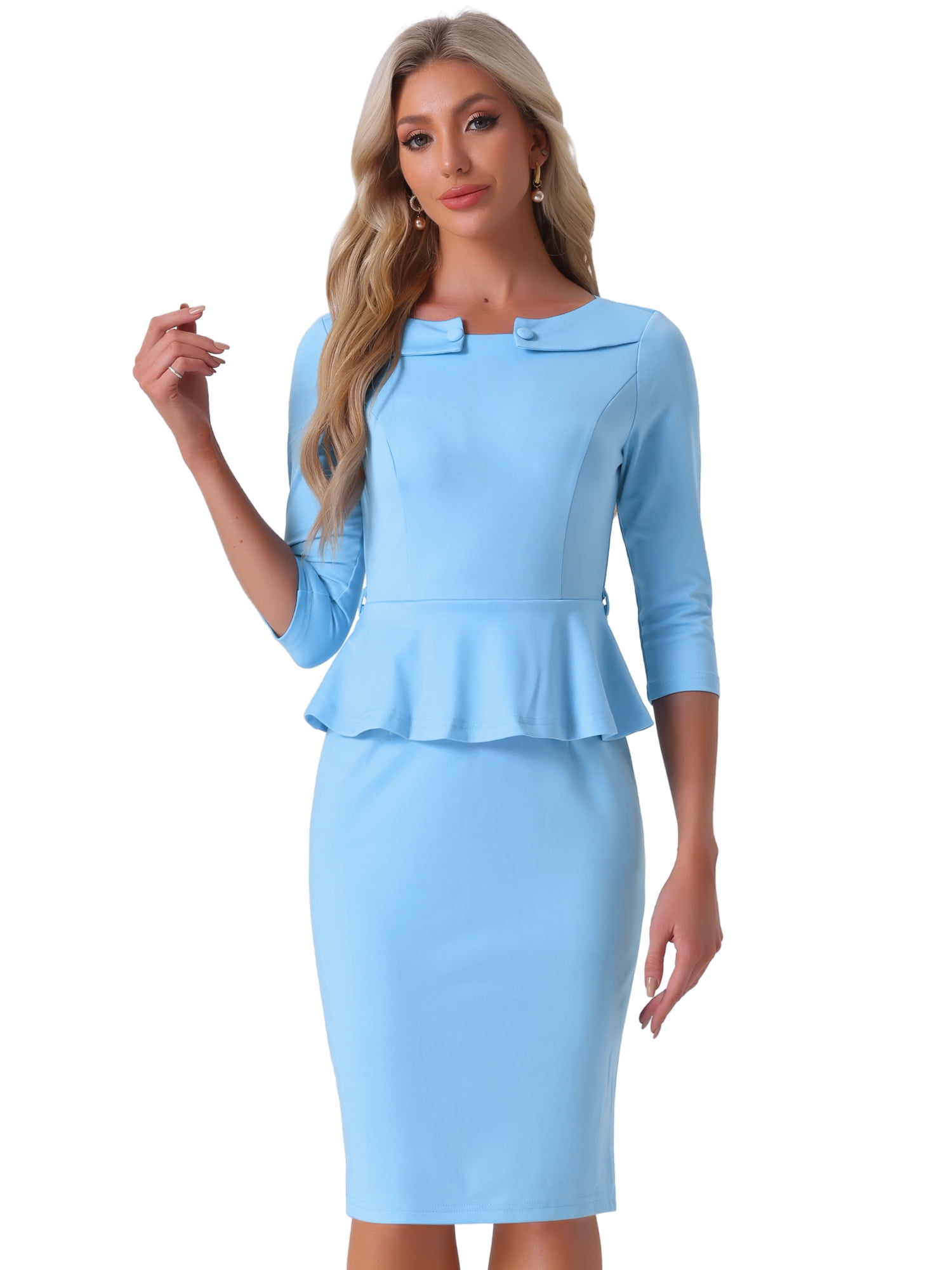 DARING DIVA Peplum Dress Belted Cocktail Sheath Dress S Sky Blue