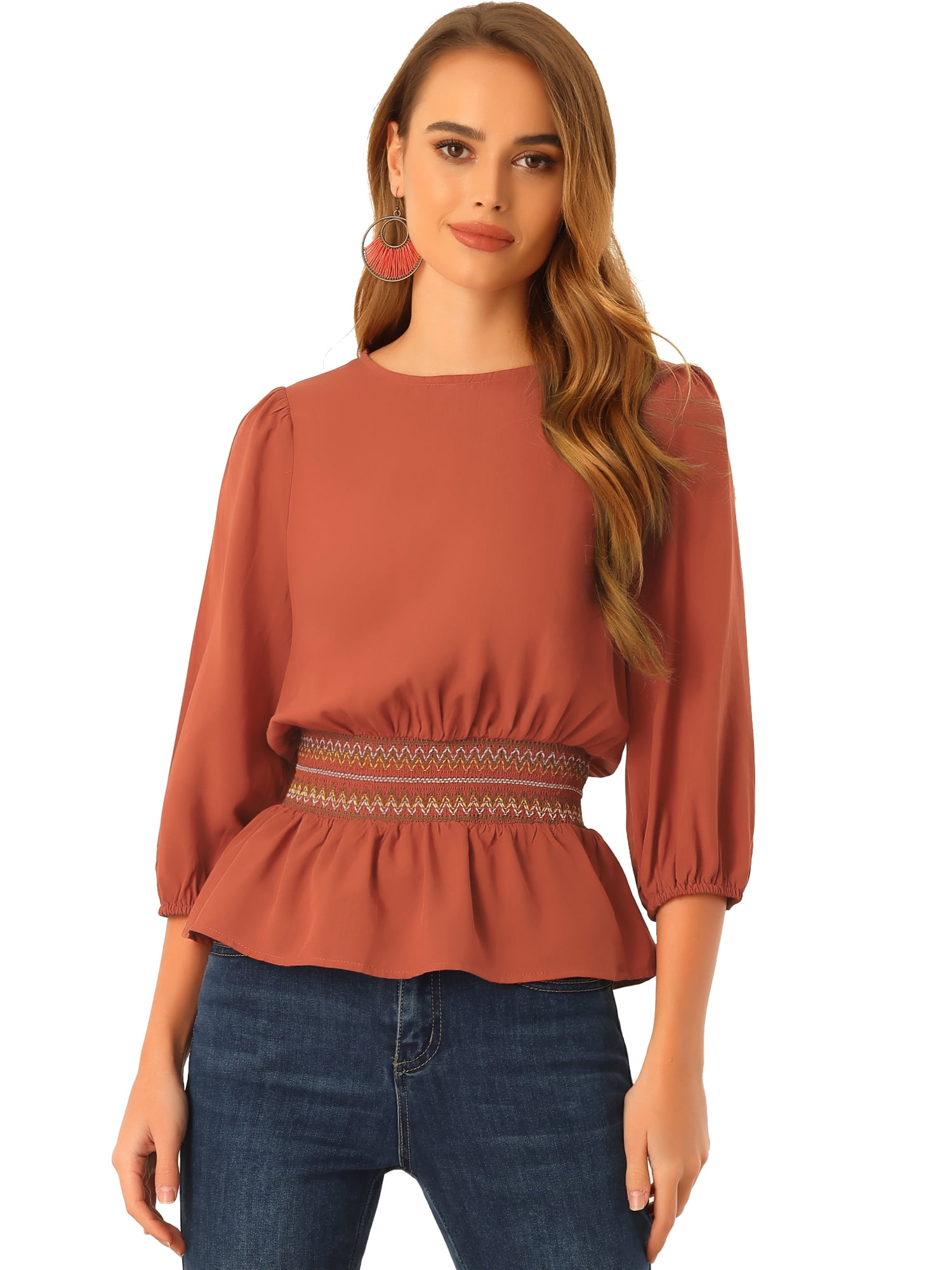 DARING DIVA Peplum Top Puff Smocked Waist Blouse S Orange