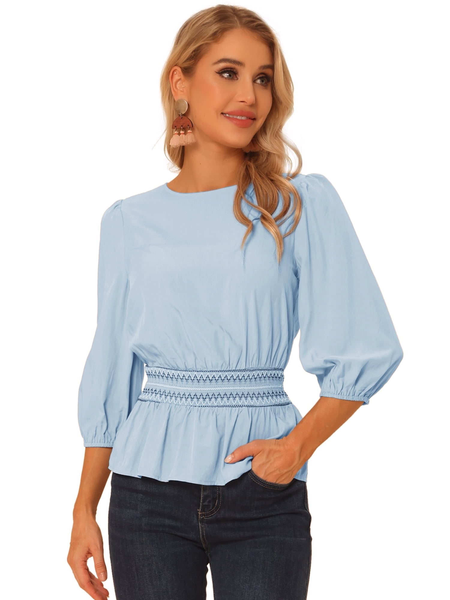 DARING DIVA Peplum Top Puff Smocked Waist Blouse XL Blue