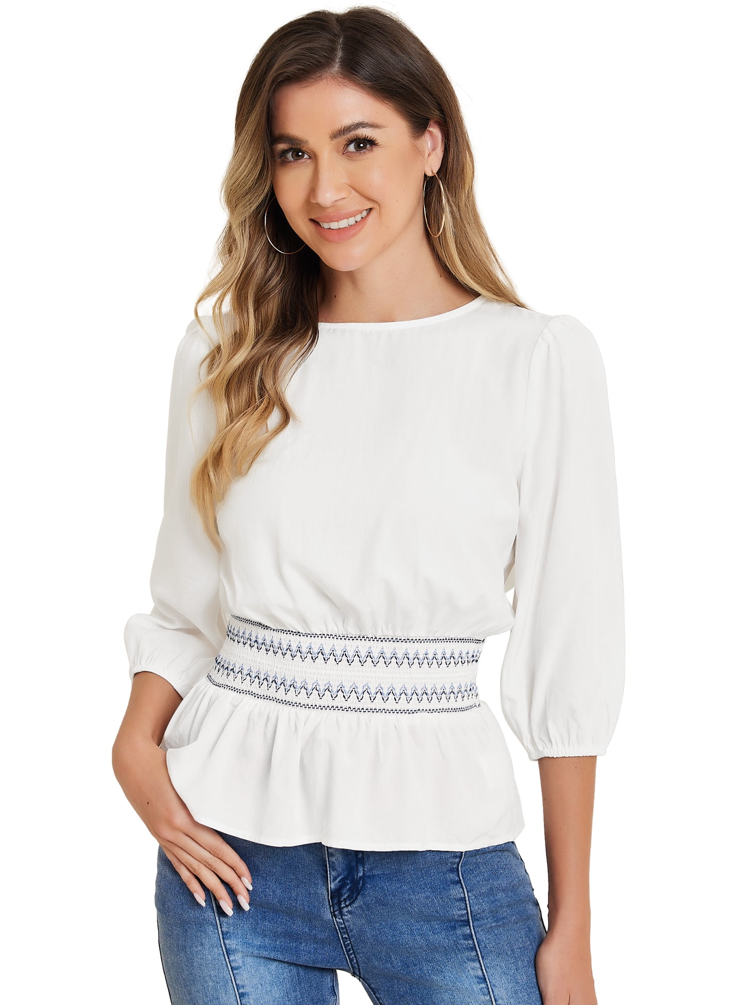 DARING DIVA Peplum Top Puff Smocked Waist Blouse XS Beige
