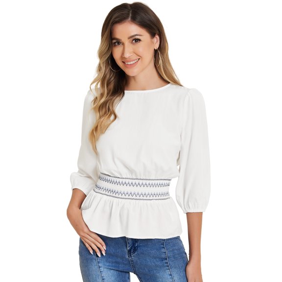 DARING DIVA Peplum Top Puff Smocked Waist Blouse XS Beige