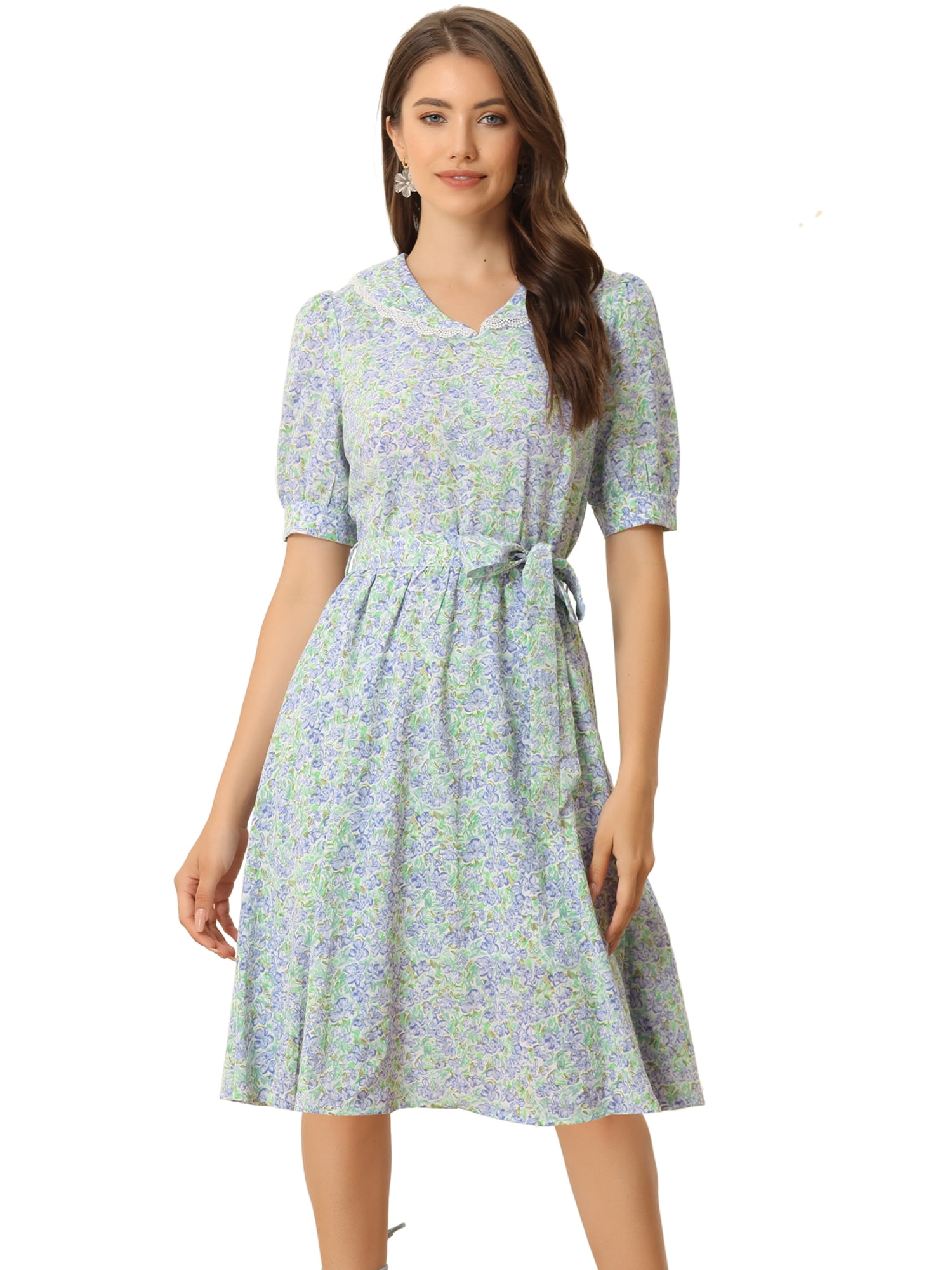 DARING DIVA Peter Pan Collar A-Line Flowy Midi Chiffon Floral Dress L White Floral